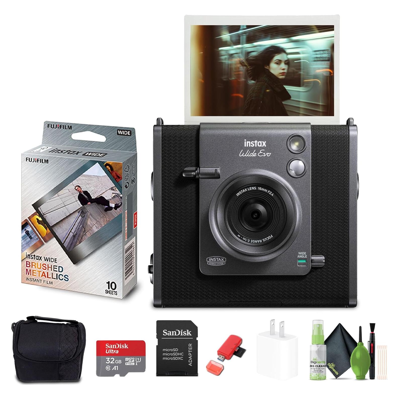 Instax Wide Evo Hybrid Instant Film Camera (16840957) Bundle with Fuji Instax-Wide Brushed Metallics Instant Film (10 Exposures) + 32GB Memory Card + Padded Case + Cleaning Kit + More