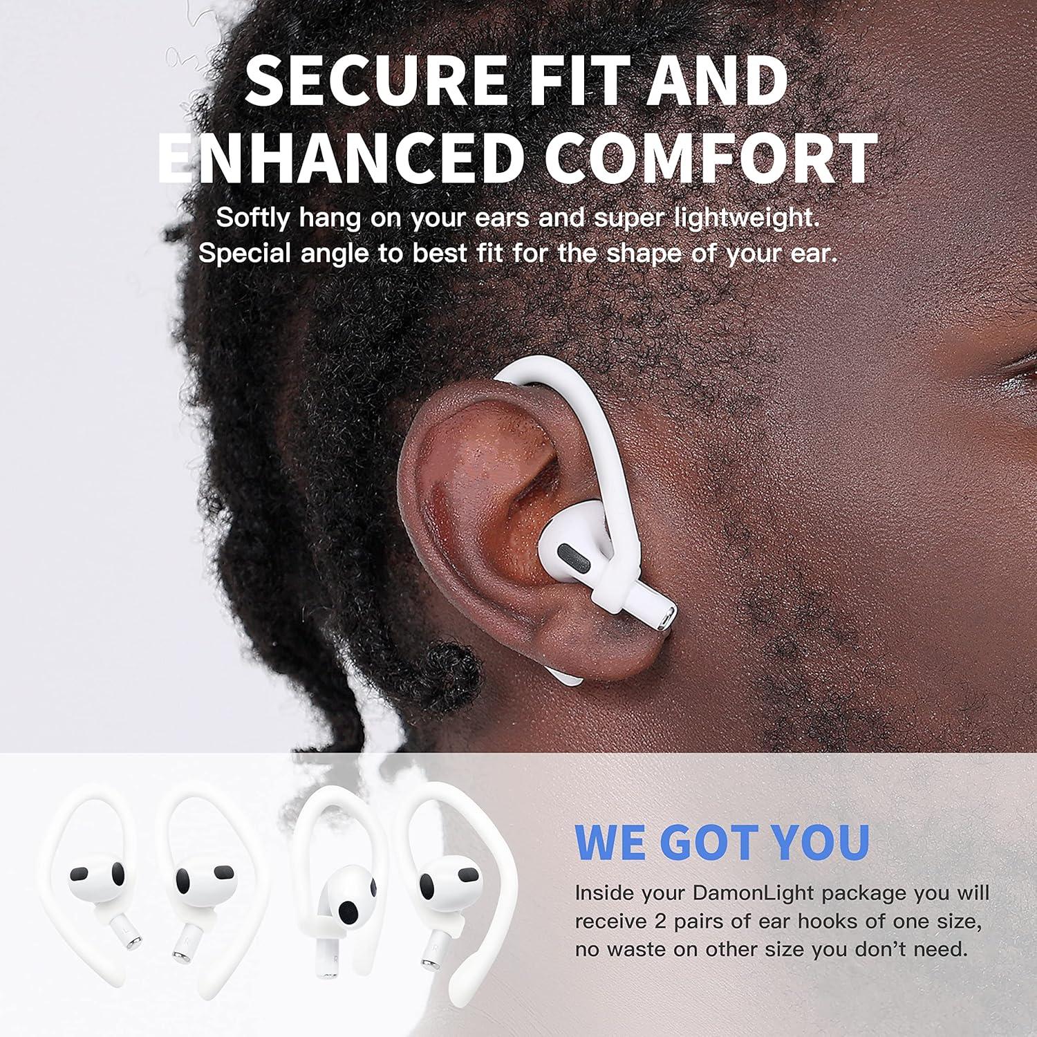 [2 Pairs] DamonLight Ear Hooks for AirPods Pro 2 & 1, AirPods 4 & 3 & 2 & 1, Airpod Ear Hook, Anti-Slip Comfortable Fit, Ergonomic Design, AirPods Accessories (Medium, White)
