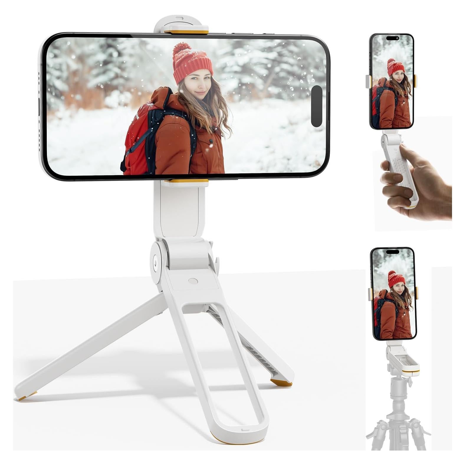 TODI Phone Tripod, Foldable Mini Desk Stand with 360° Phone Holder & Cold Shoe (Beige White)