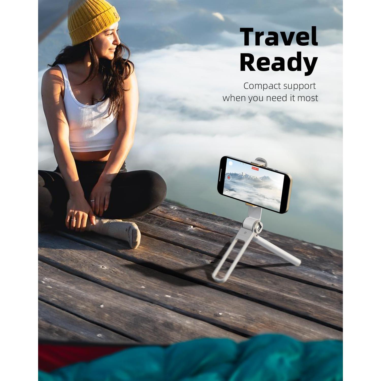 TODI Phone Tripod, Foldable Mini Desk Stand with 360° Phone Holder & Cold Shoe (Beige White)