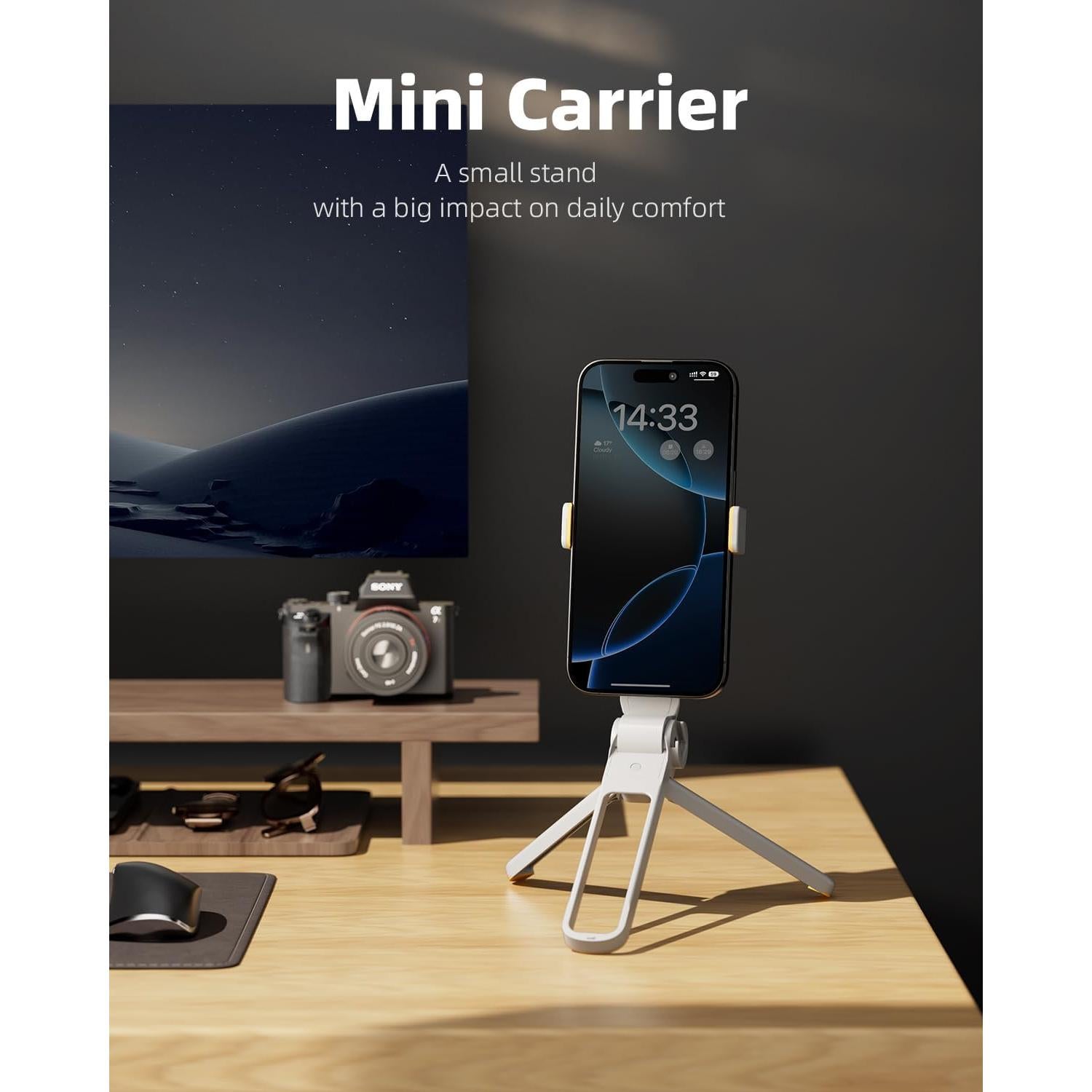 TODI Phone Tripod, Foldable Mini Desk Stand with 360° Phone Holder & Cold Shoe (Beige White)