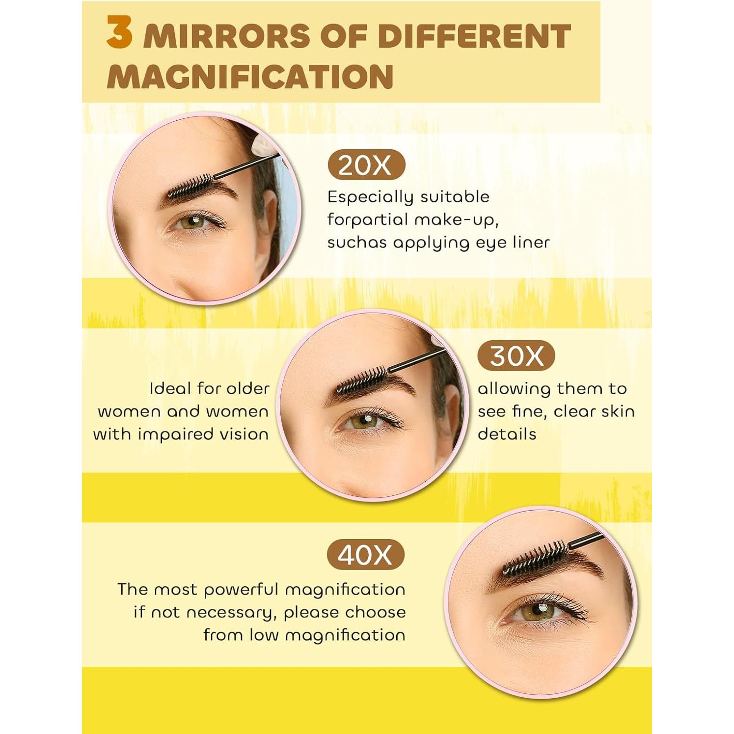 20X&30X&40X Magnifying Mirror Suction Cup, 3.5 in Small Magnified Mirror with Tweezers, Pink, Set of 3