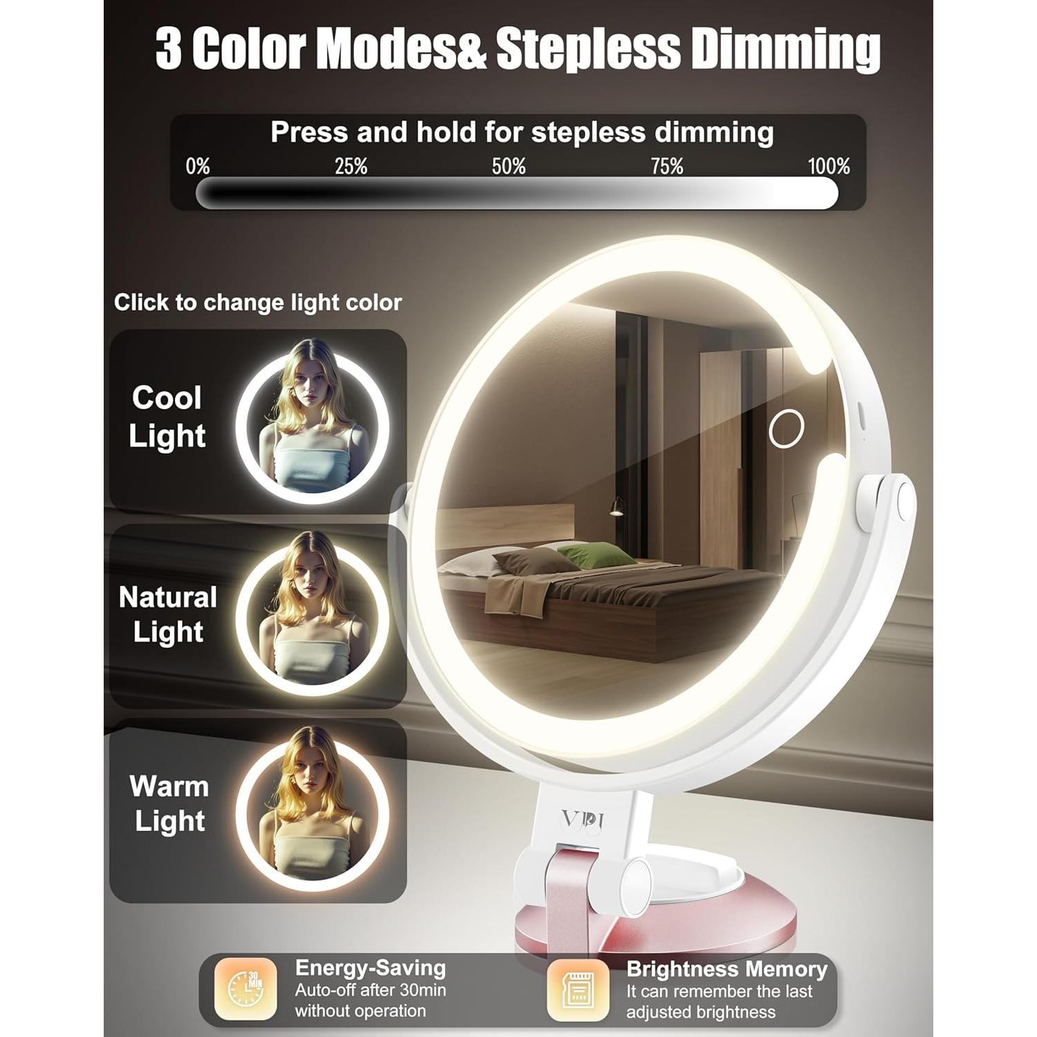 15X/1X Wall Mounted Magnifying Makeup Mirror with Power Suction Cup, Rechargeable Double Sided Regular HD/Magnification 3 Color Modes Adjustable Brightness Mirror with Lights for Bathroom, Travel
