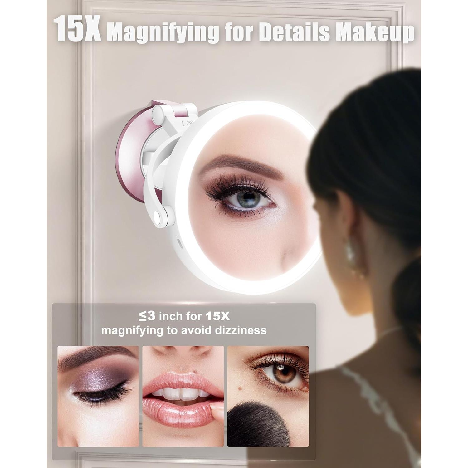 15X/1X Wall Mounted Magnifying Makeup Mirror with Power Suction Cup, Rechargeable Double Sided Regular HD/Magnification 3 Color Modes Adjustable Brightness Mirror with Lights for Bathroom, Travel