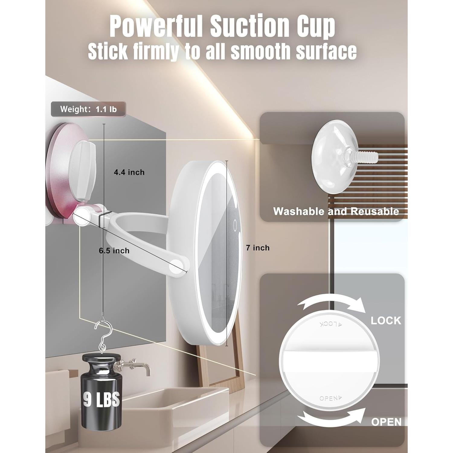 15X/1X Wall Mounted Magnifying Makeup Mirror with Power Suction Cup, Rechargeable Double Sided Regular HD/Magnification 3 Color Modes Adjustable Brightness Mirror with Lights for Bathroom, Travel