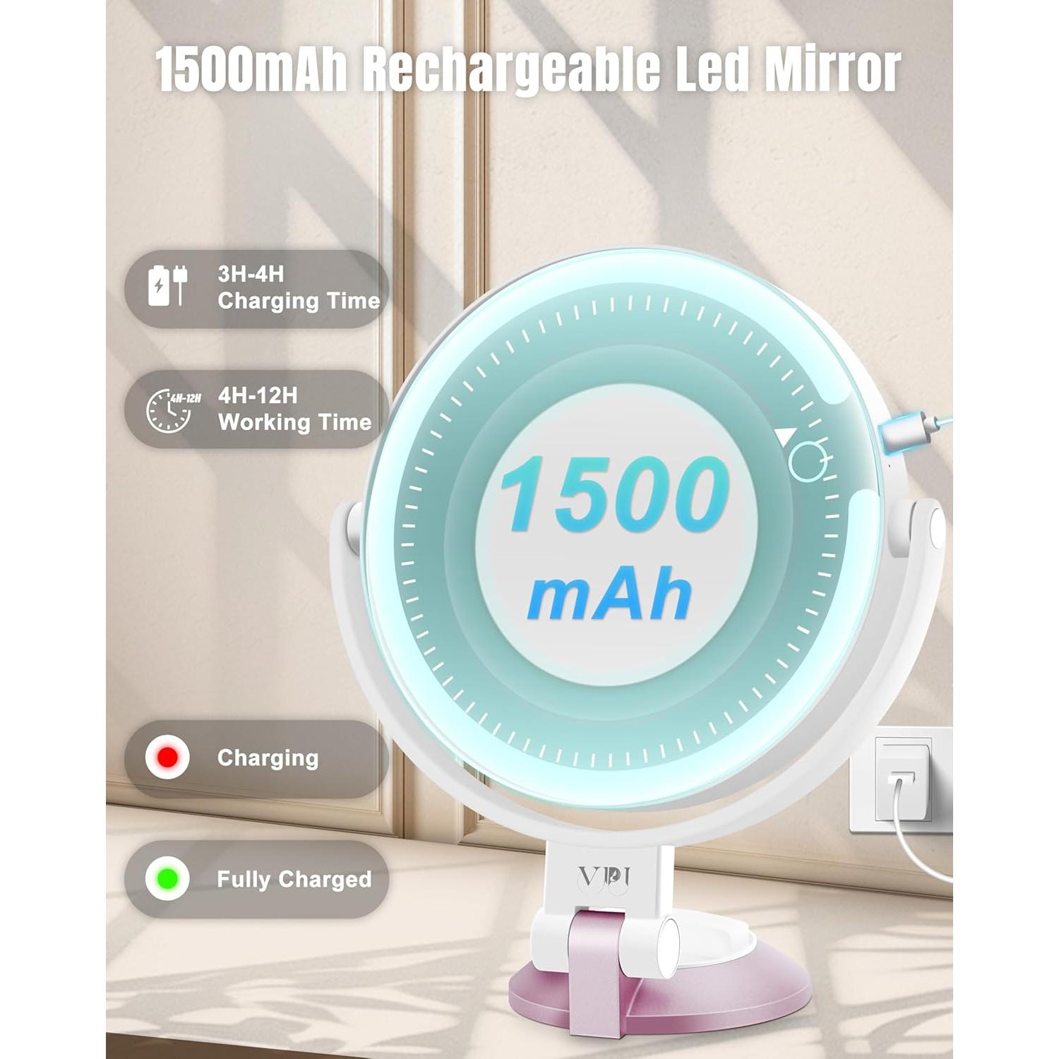 15X/1X Wall Mounted Magnifying Makeup Mirror with Power Suction Cup, Rechargeable Double Sided Regular HD/Magnification 3 Color Modes Adjustable Brightness Mirror with Lights for Bathroom, Travel