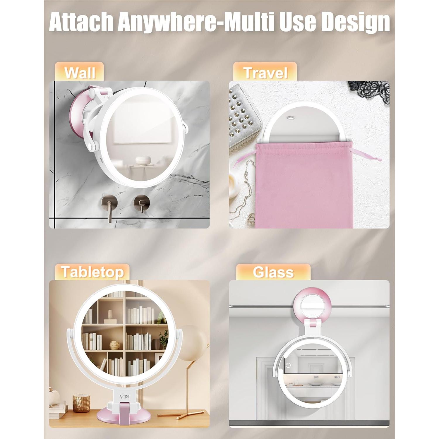 15X/1X Wall Mounted Magnifying Makeup Mirror with Power Suction Cup, Rechargeable Double Sided Regular HD/Magnification 3 Color Modes Adjustable Brightness Mirror with Lights for Bathroom, Travel