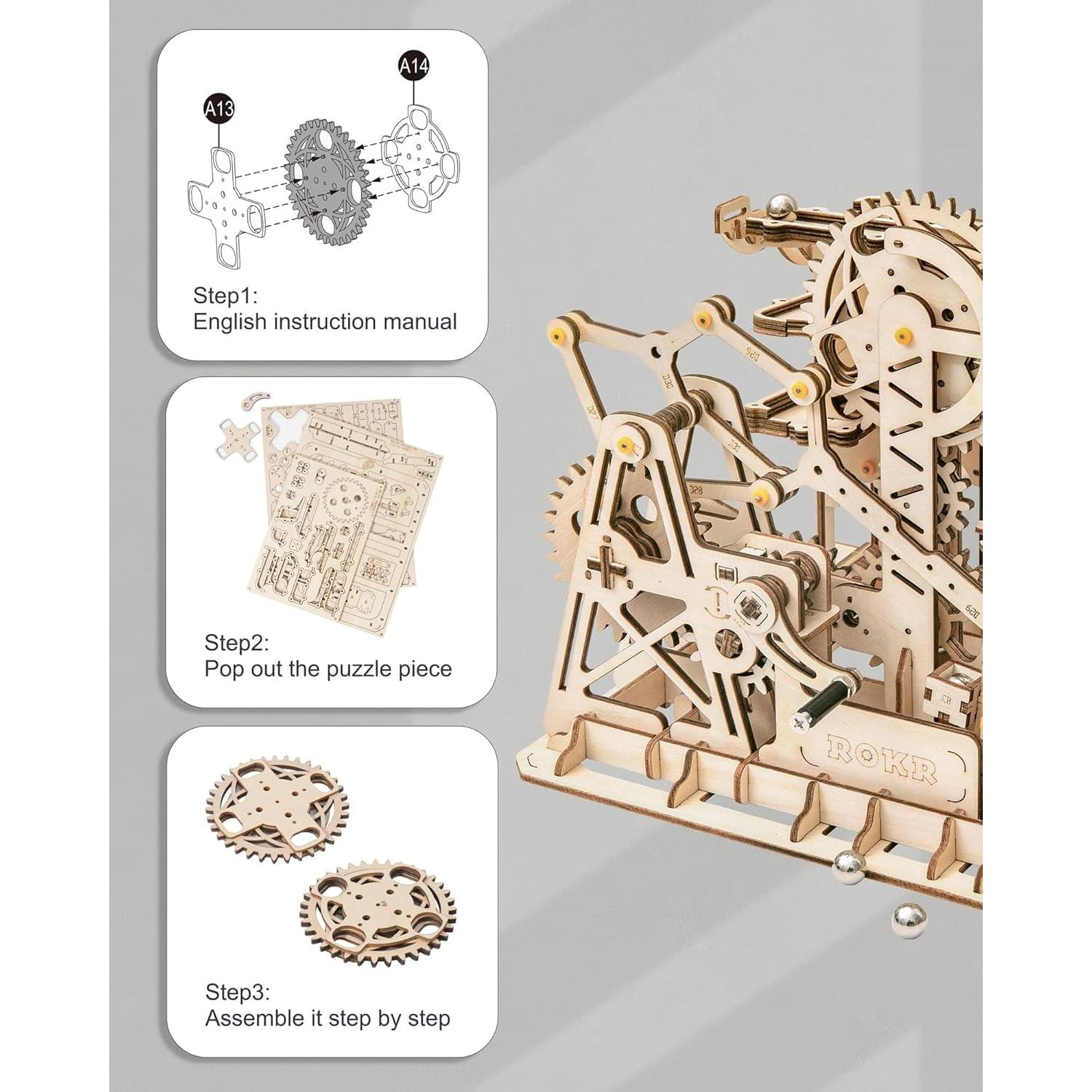3D Wooden Puzzles for Adults-Marble Run Wood Model Building Kit-Tower Coaster