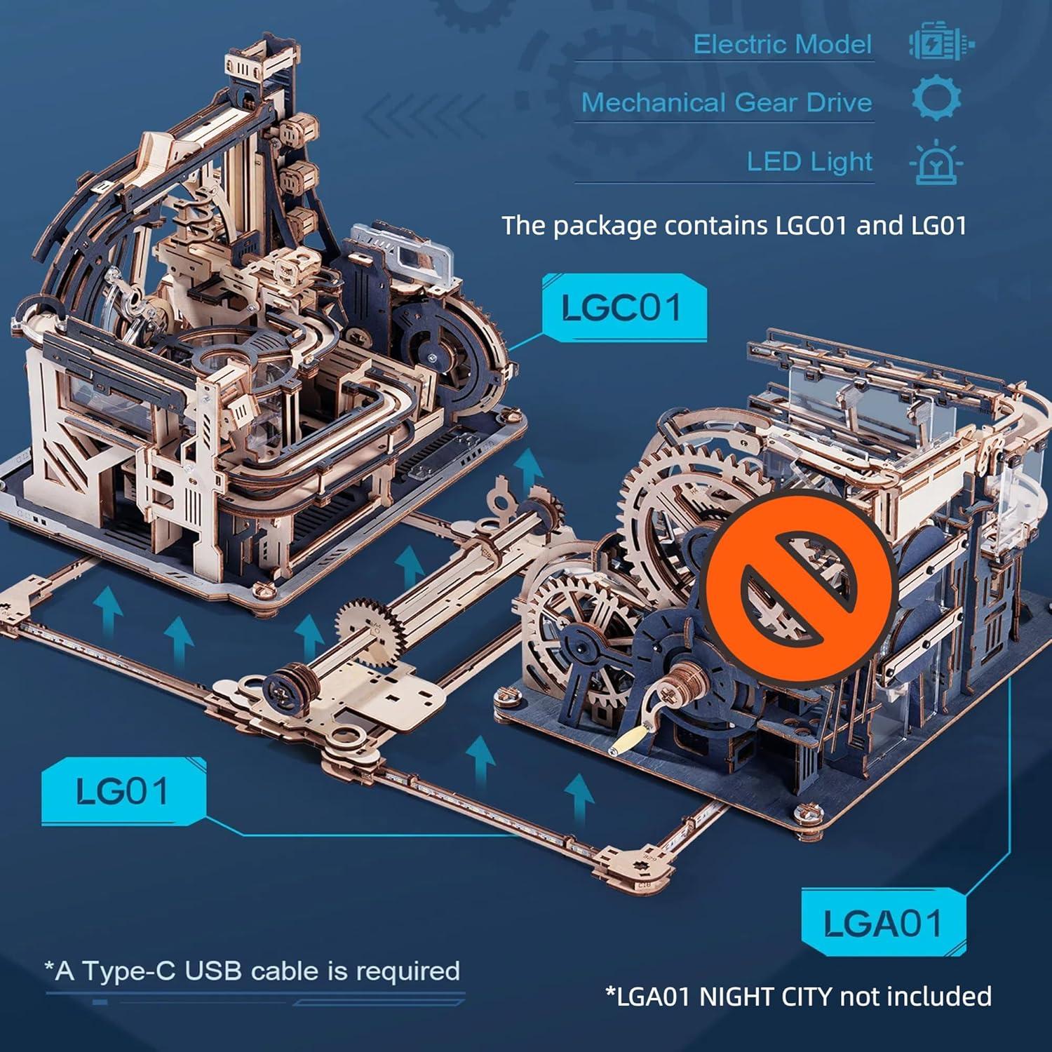 3D Puzzle Marble Run Kit 2 in 1 Include Marble Spaceport LGC01 and Link Pack LG01, 3D Wooden Puzzles for Adults Mechanical Model Sets Building Toys