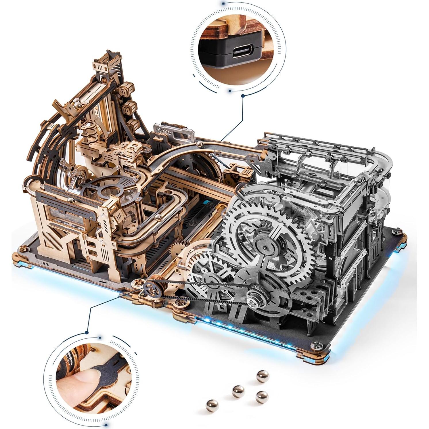 3D Puzzle Marble Run Kit 2 in 1 Include Marble Spaceport LGC01 and Link Pack LG01, 3D Wooden Puzzles for Adults Mechanical Model Sets Building Toys