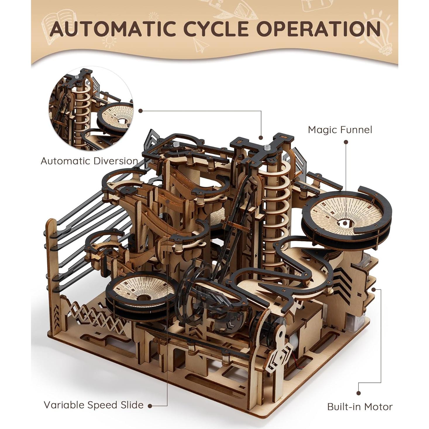Sainsmart Jr. 3D Wooden Puzzles for Adults, Electric Marble Run Building Kit, Wooden Model Kits Spaceport, Creative Gifts for Teens Ages 14+ (Galaxy Walk)