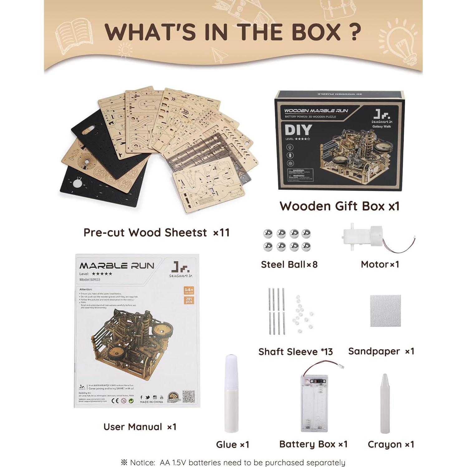 Sainsmart Jr. 3D Wooden Puzzles for Adults, Electric Marble Run Building Kit, Wooden Model Kits Spaceport, Creative Gifts for Teens Ages 14+ (Galaxy Walk)