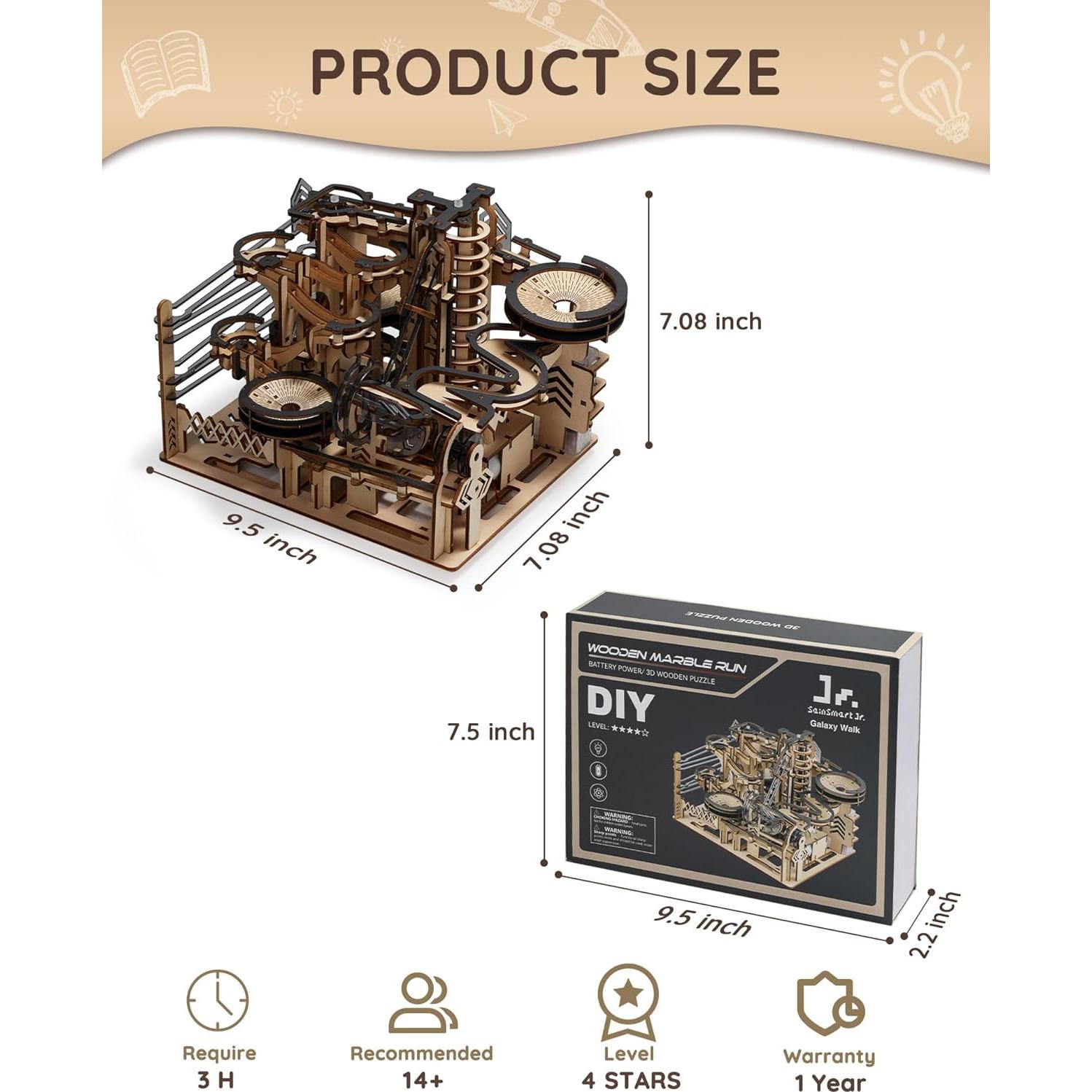 Sainsmart Jr. 3D Wooden Puzzles for Adults, Electric Marble Run Building Kit, Wooden Model Kits Spaceport, Creative Gifts for Teens Ages 14+ (Galaxy Walk)