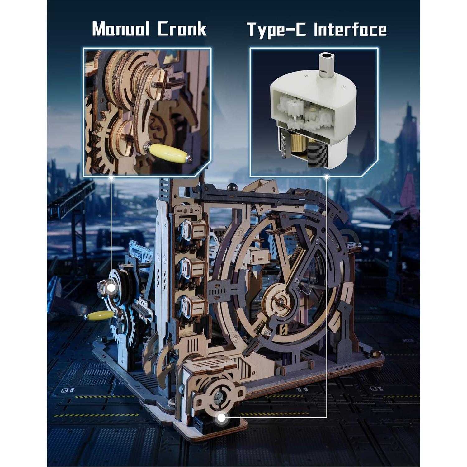 3D Puzzle Marble Run - Electric Spaceport, Wooden Model Building Kit for Teens