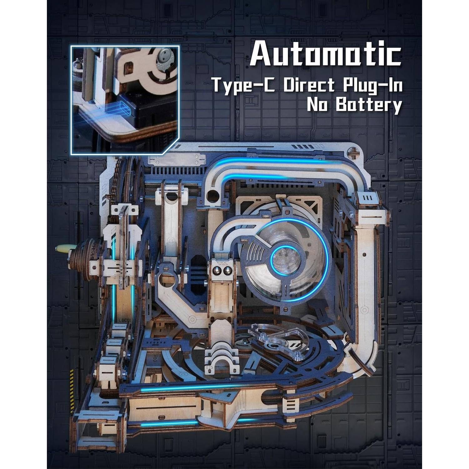 3D Puzzle Marble Run - Electric Spaceport, Wooden Model Building Kit for Teens