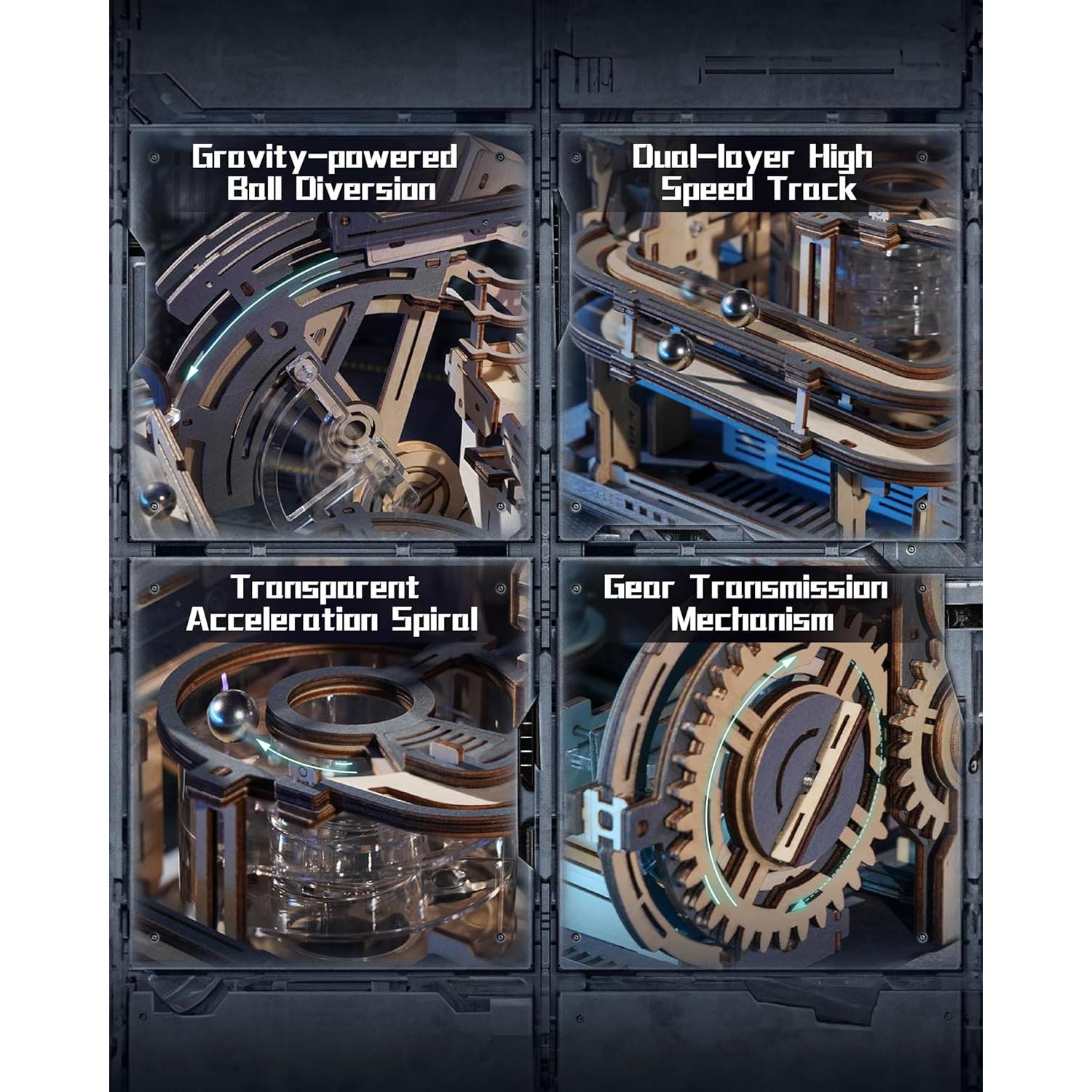 3D Puzzle Marble Run - Electric Spaceport, Wooden Model Building Kit for Teens