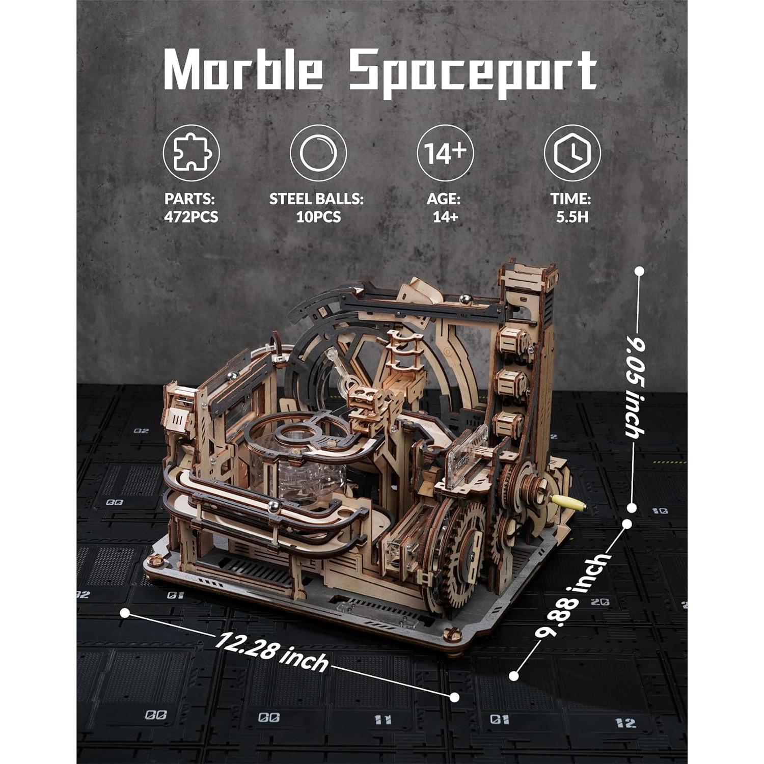 3D Puzzle Marble Run - Electric Spaceport, Wooden Model Building Kit for Teens