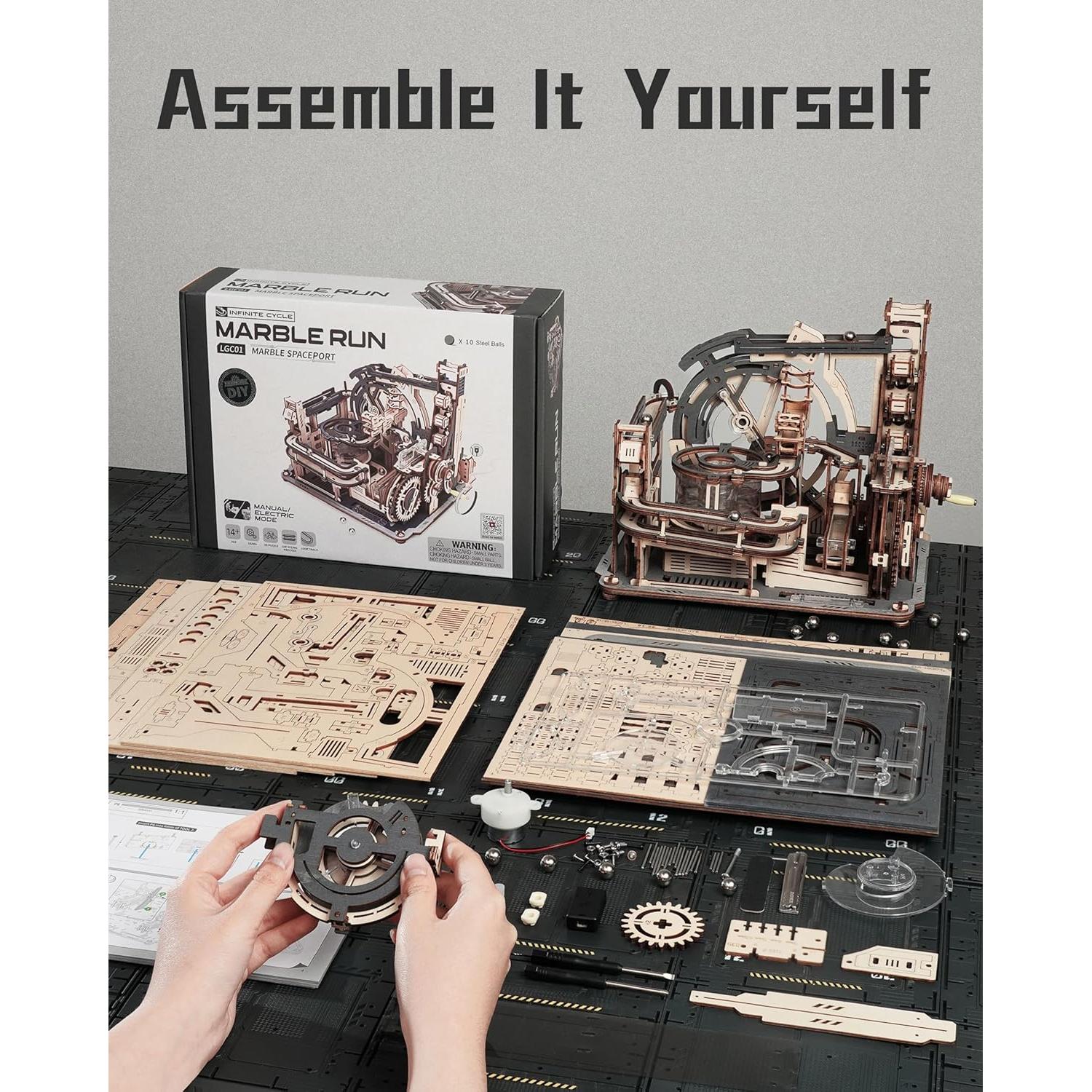 3D Puzzle Marble Run - Electric Spaceport, Wooden Model Building Kit for Teens