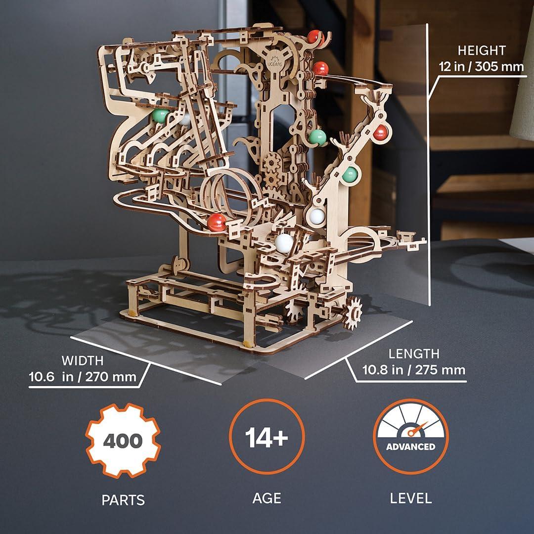 Wooden Marble Run Chain Hoist - Mechanical 3D Wooden Puzzle for Adults, DIY Model Kit for Adults, Unique Puzzle - 3D Puzzle Marble Game Gifts - 400 Pieces