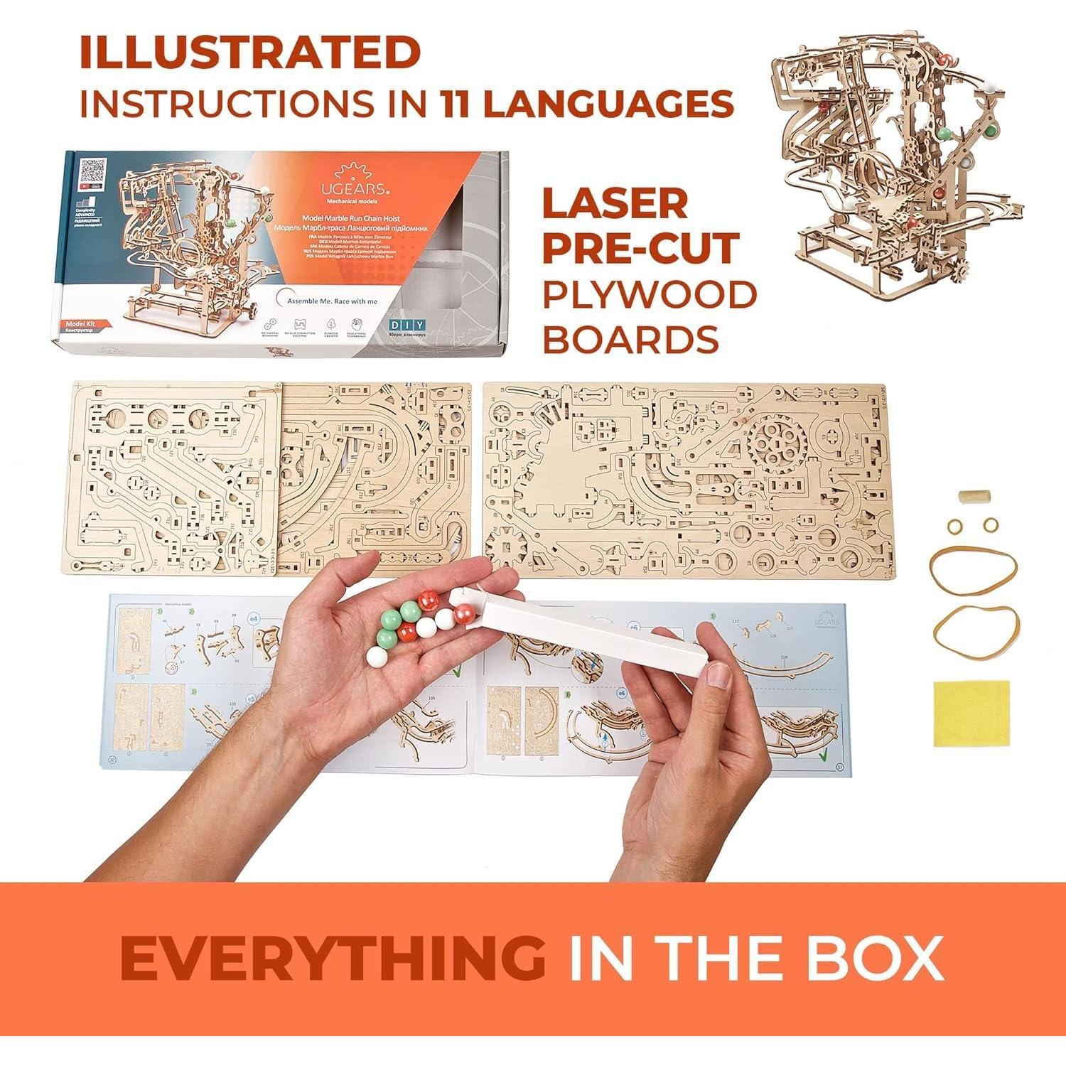 Wooden Marble Run Chain Hoist - Mechanical 3D Wooden Puzzle for Adults, DIY Model Kit for Adults, Unique Puzzle - 3D Puzzle Marble Game Gifts - 400 Pieces