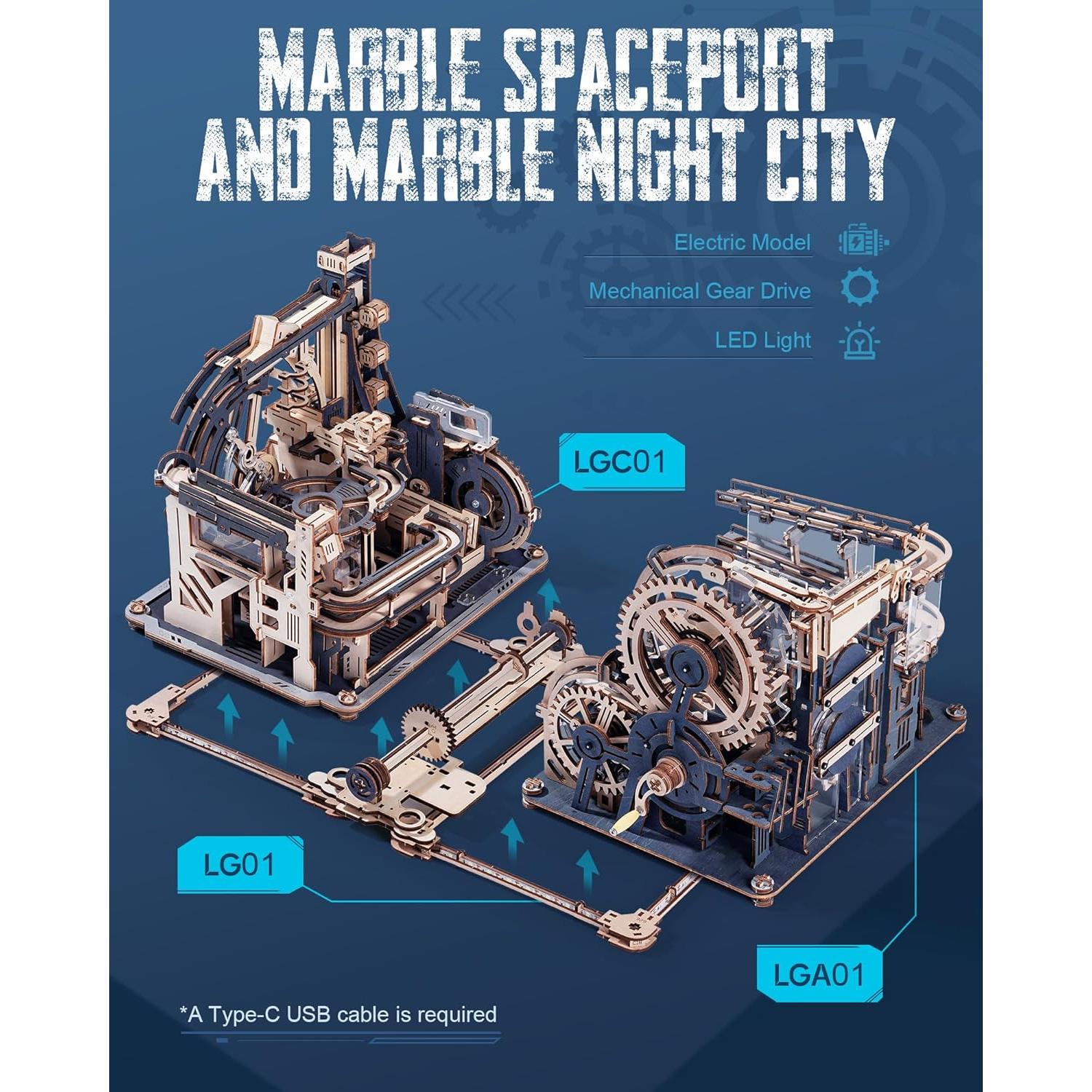 3D Puzzles for Adults, 3-in-1 Wooden Marble Run, Includes Spaceport LGC01, Night City LGA01 & Link Pack - Awesome Gifts for Adults & Teens