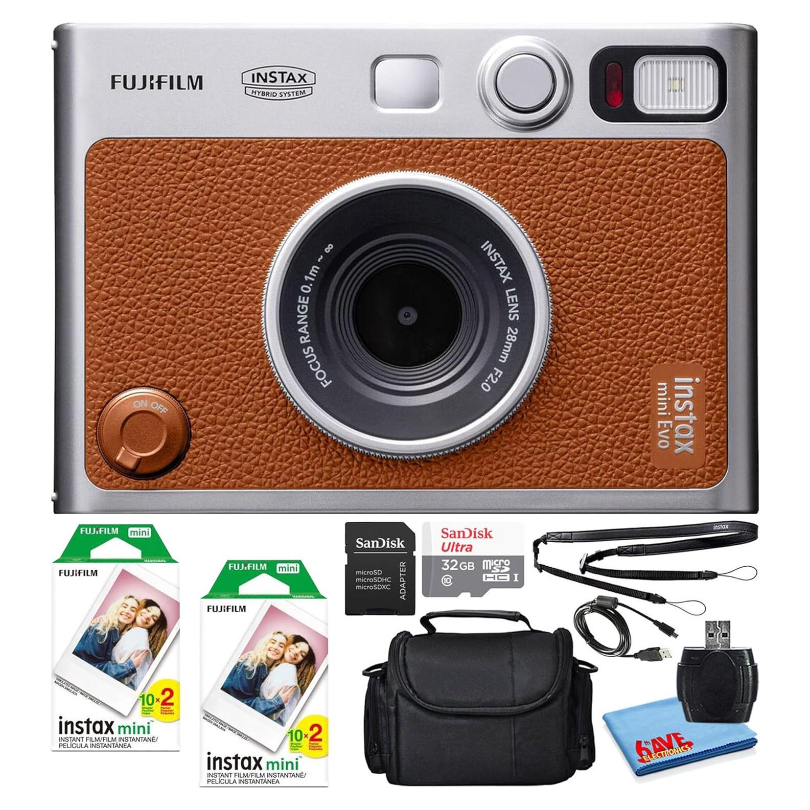 Instax Mini EVO Hybrid Instant Film Camera (Brown) (16812534) Bundle with 40 Instant Film Sheets + 32GB Memory Card + Small Padded Case + SD Card Reader + Microfiber Cleaning Cloth