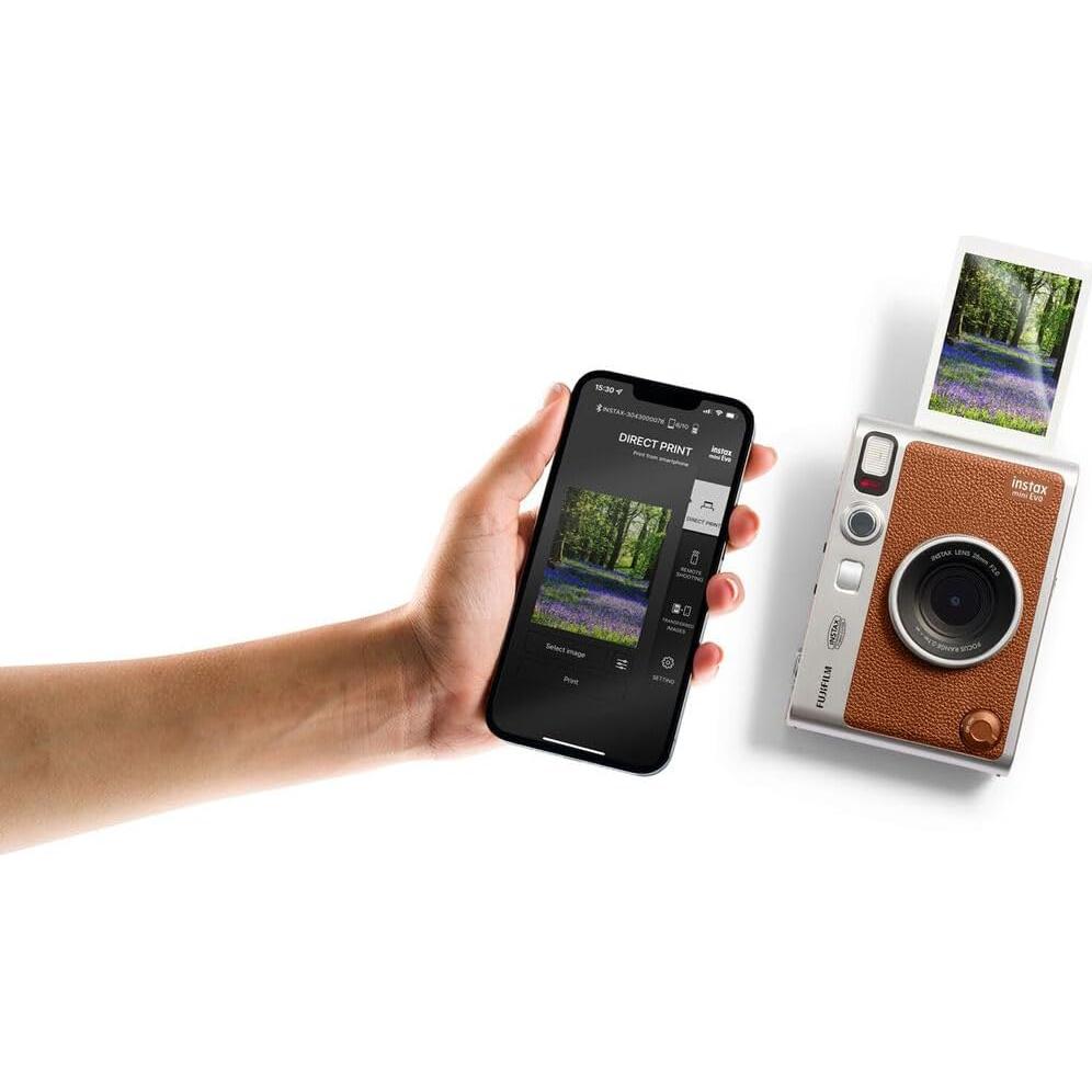 Instax Mini EVO Hybrid Instant Film Camera (Brown) (16812534) Bundle with 40 Instant Film Sheets + 32GB Memory Card + Small Padded Case + SD Card Reader + Microfiber Cleaning Cloth