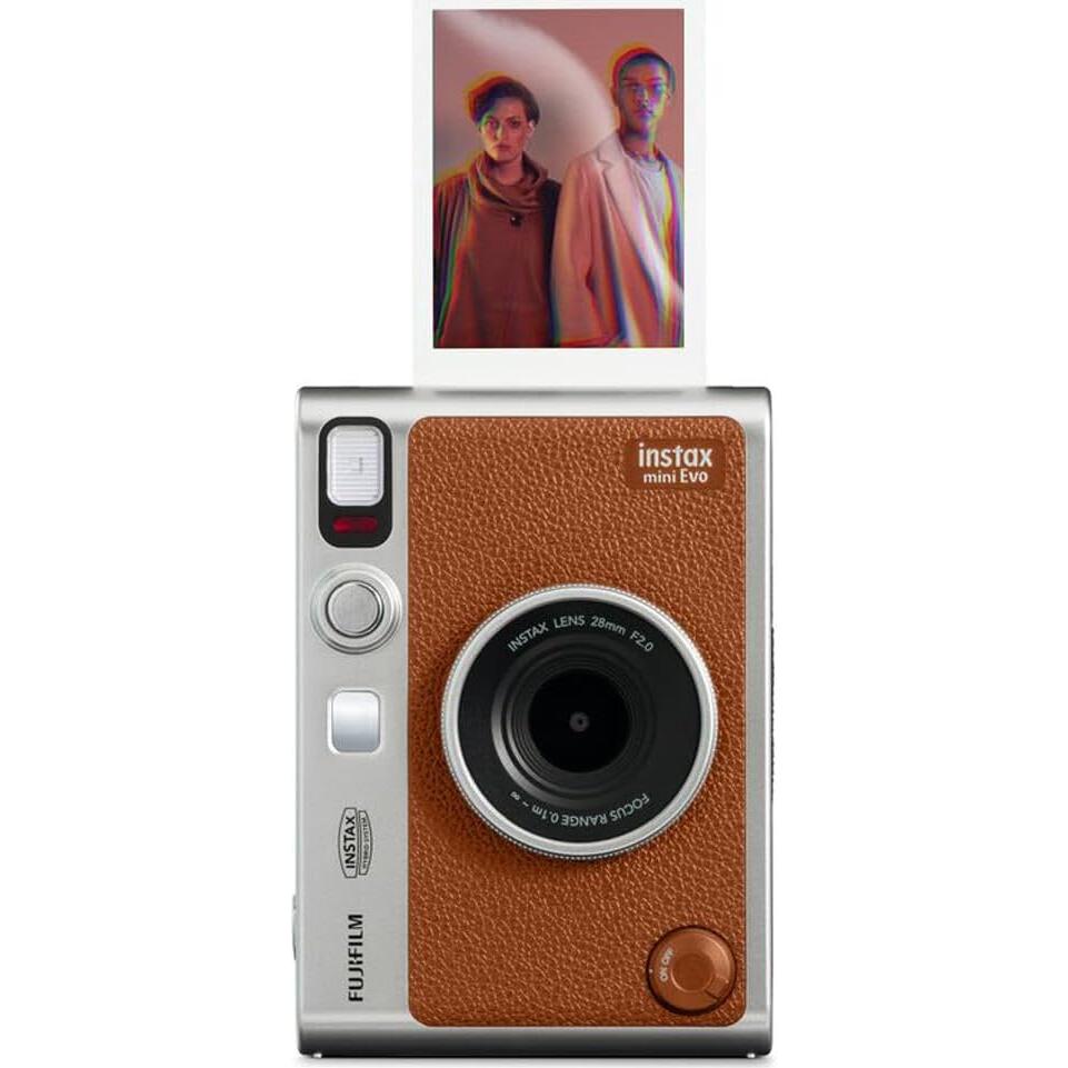 Instax Mini EVO Hybrid Instant Film Camera (Brown) (16812534) Bundle with 40 Instant Film Sheets + 32GB Memory Card + Small Padded Case + SD Card Reader + Microfiber Cleaning Cloth