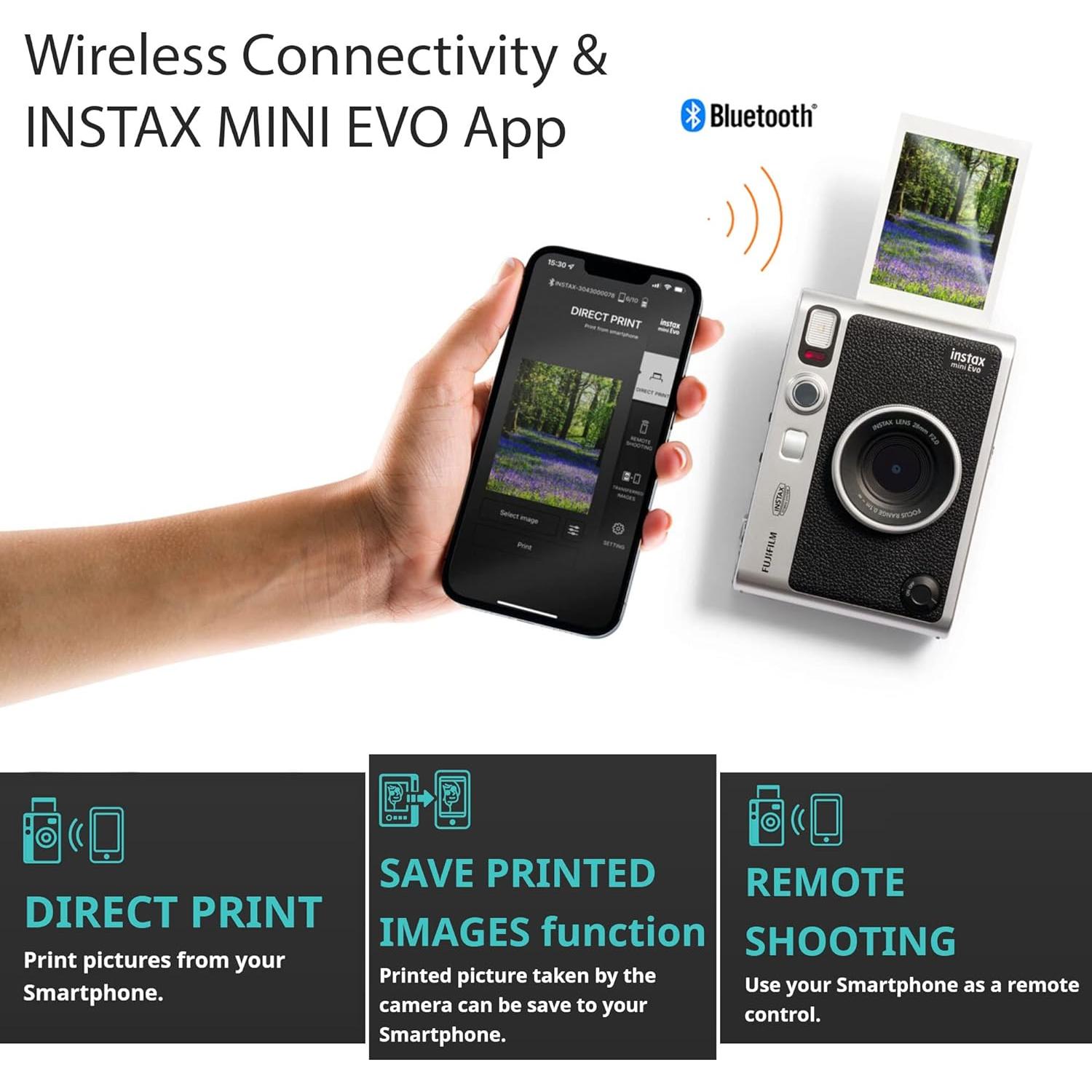 Cámara Instantánea Híbrida Fujifilm Instax Mini EVO Negra + 20 Películas