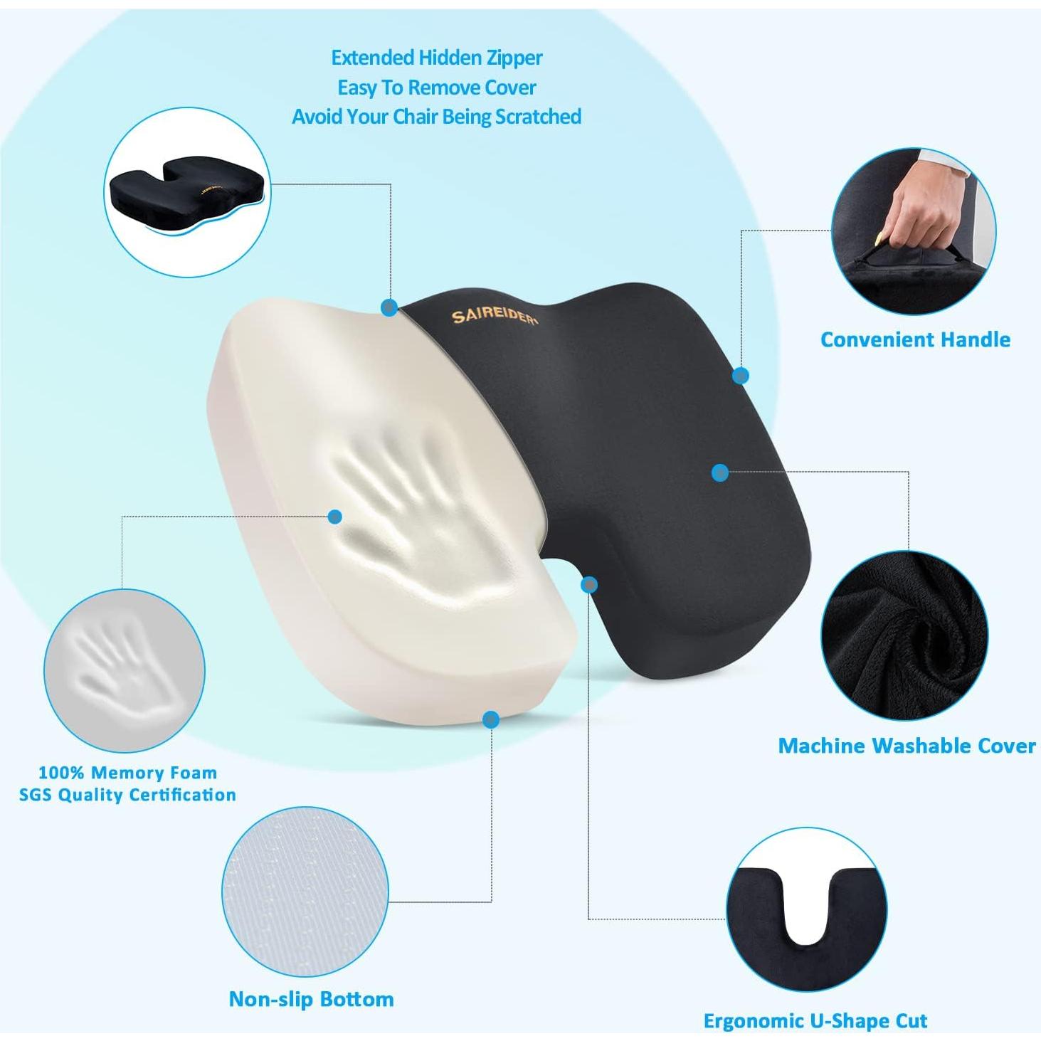 Cojín de Asiento SAIREIDER y Almohada Lumbar Ergonómica