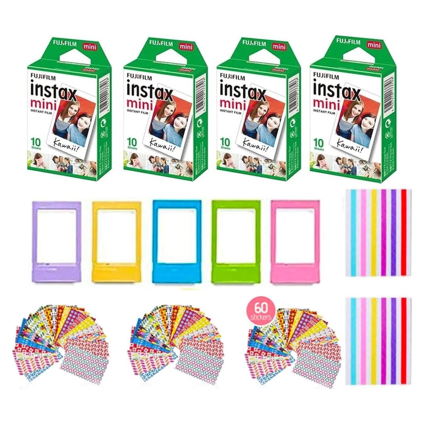 Fujifilm Instax Mini Instant Camera Film: 40 Shoots Total, (10 Sheets x 4) Includes 5 "Tudak Plastic Desk Frames, 60 Sticker Frames & 2 Packs Corner Stickers – Perfect for Scrapbooking & Display