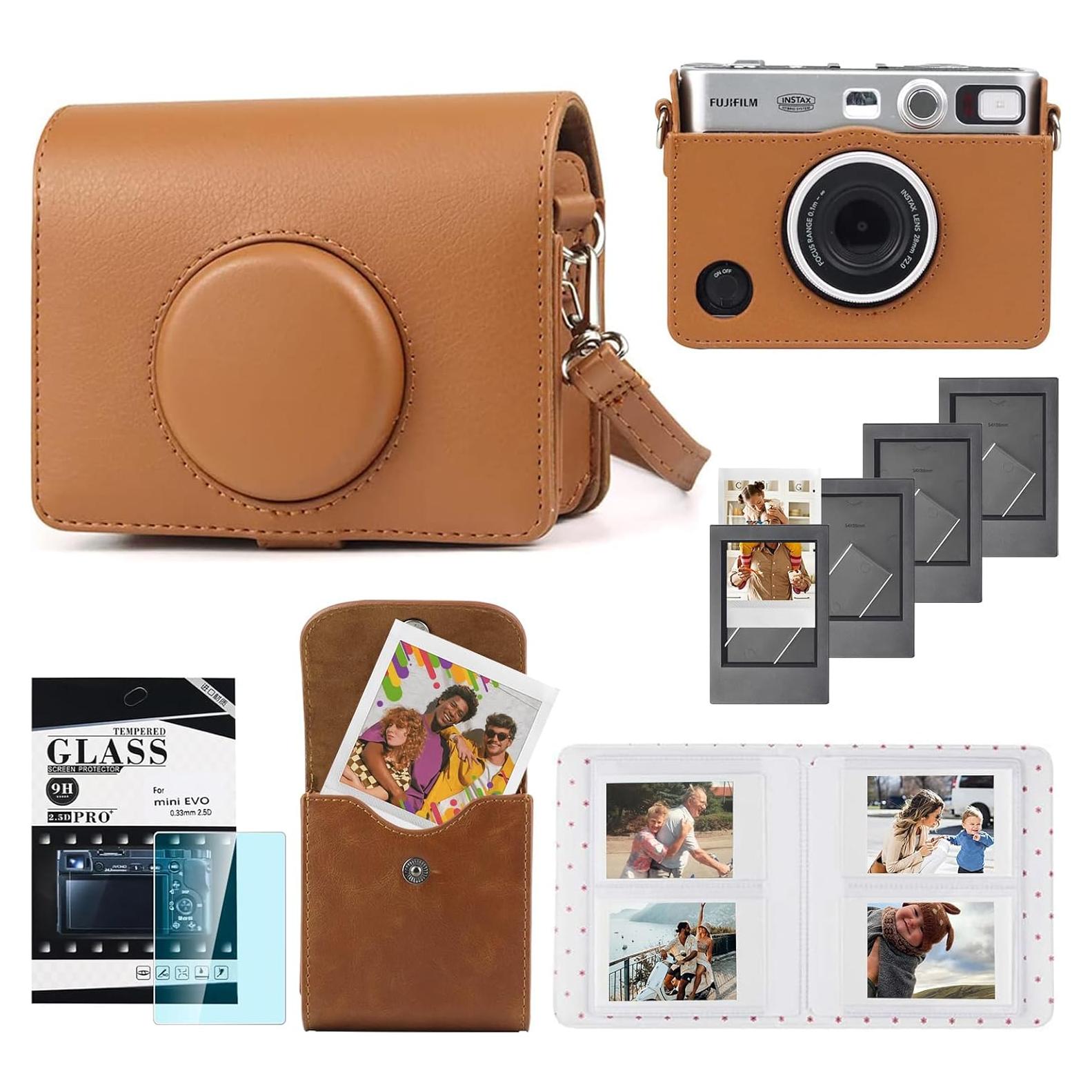 Case for Fujifilm Instax Mini EVO, Protective PU Leather Carrying Bag with Mini Photo Pouch, Album, Frames, Screen Protector Accessories Kit - Vintage Brown