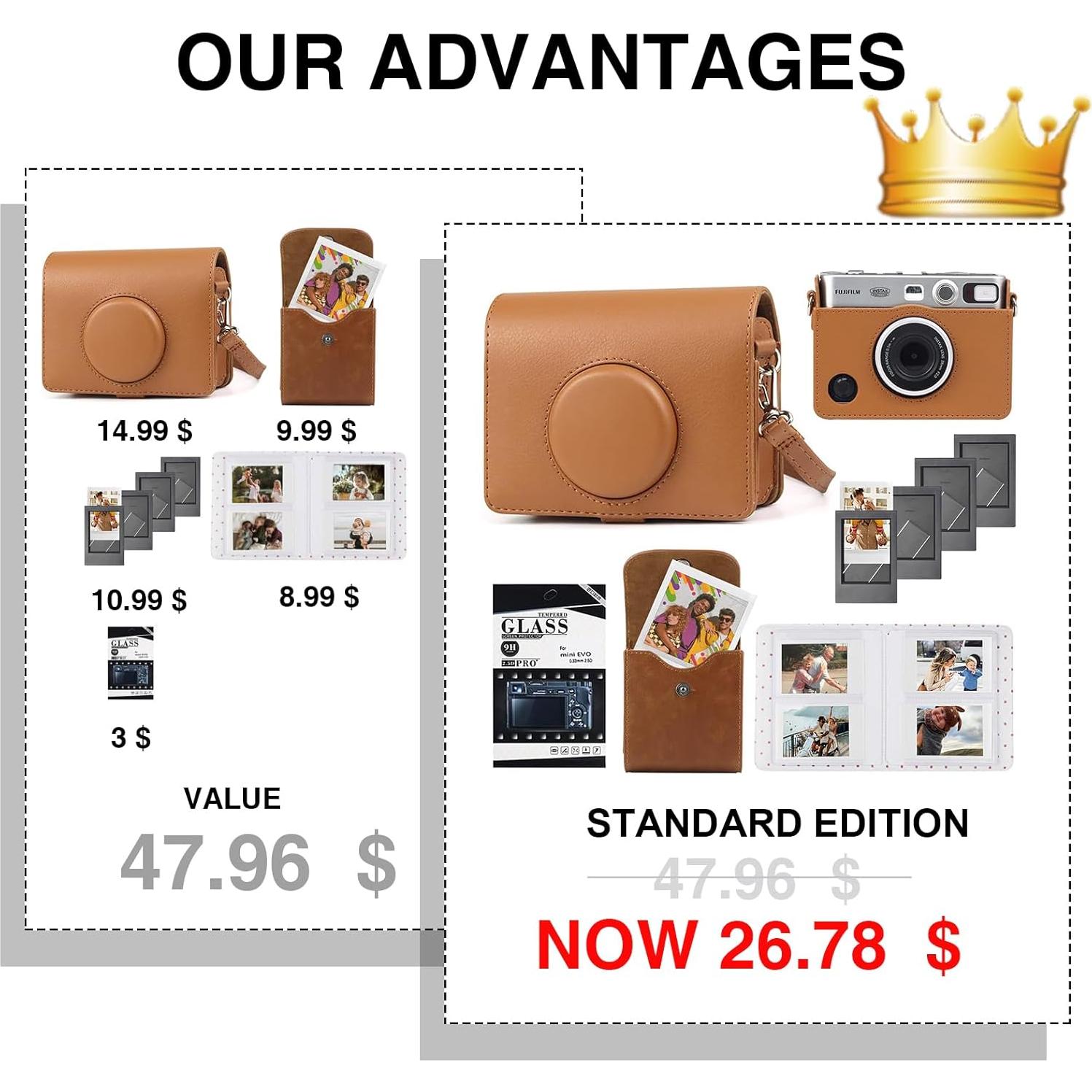 Case for Fujifilm Instax Mini EVO, Protective PU Leather Carrying Bag with Mini Photo Pouch, Album, Frames, Screen Protector Accessories Kit - Vintage Brown