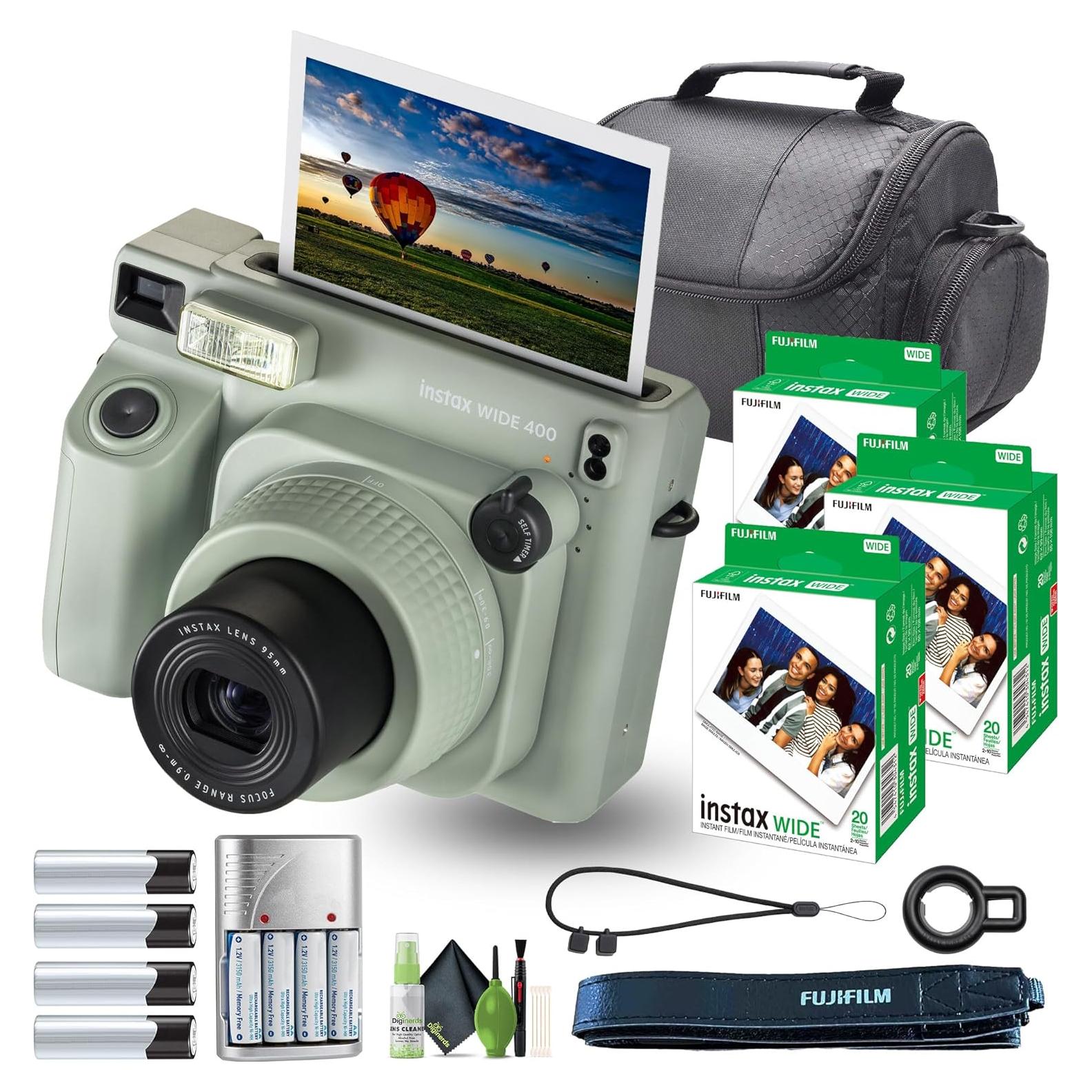 Fujifilm Instax Wide 400 Instant Film Camera Bundle with Fuji Instax Wide Instant Film Color Print (60 Sheets) + Travel Bag + Rechargeable Batteries with Charger and Lens Cleaning Kit