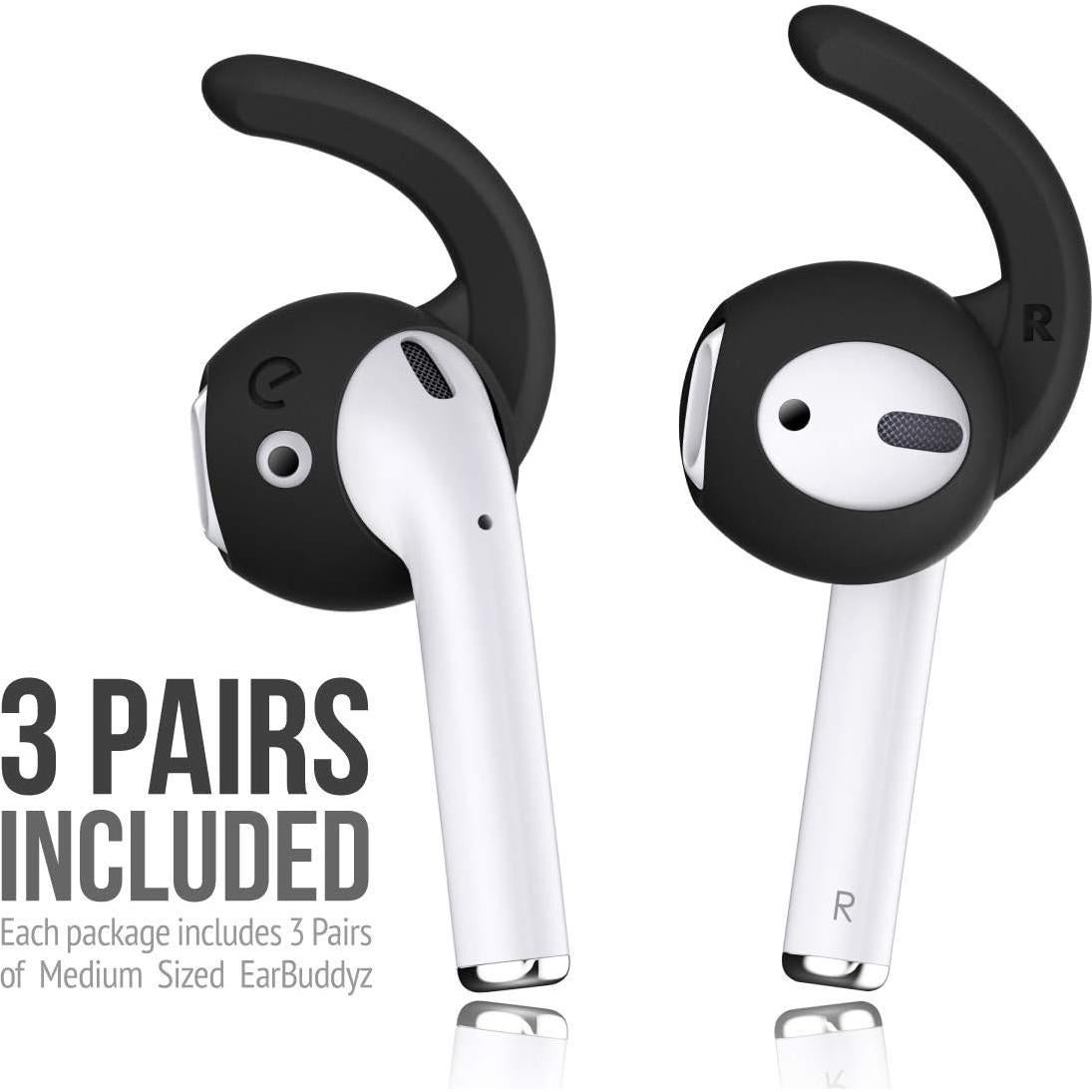 EarBuddyz 2.0 Ear Hooks and Covers Accessories Compatible with Apple AirPods 1 & 2 or EarPods Headphones/Earphones/Earbuds (3 Pairs) (Black)