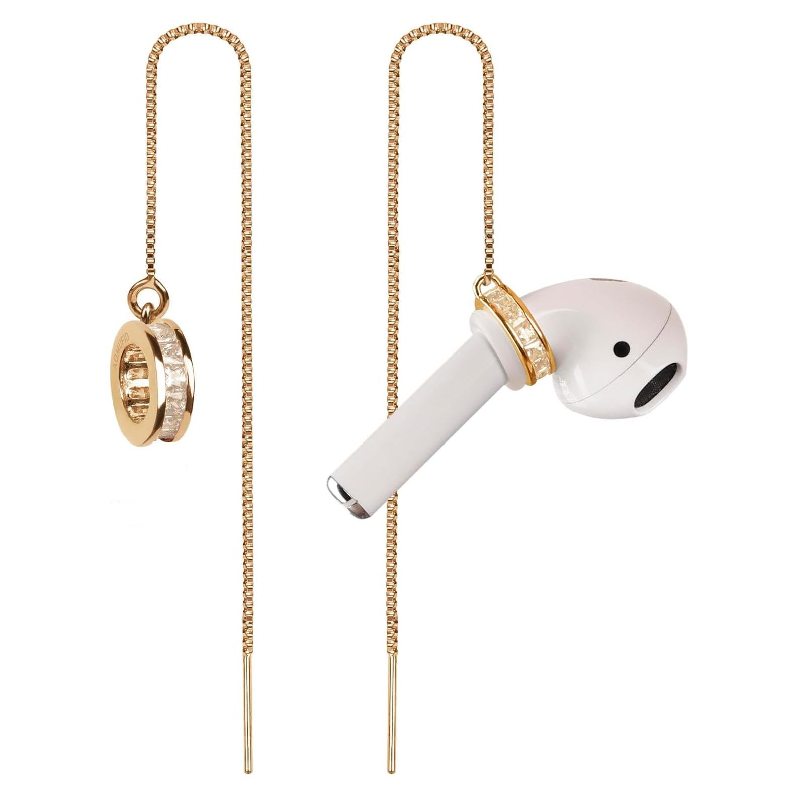 Anti-Lost Earrings Wireless Earphone Holder chain strap Compatible for Airpods pro 2 1 & Airpods 1 2 3 (Gold Zircon Round)