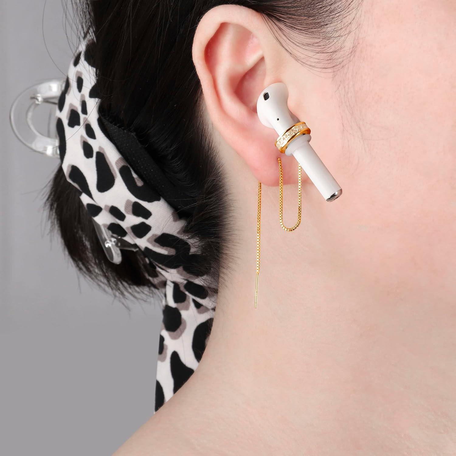 Anti-Lost Earrings Wireless Earphone Holder chain strap Compatible for Airpods pro 2 1 & Airpods 1 2 3 (Gold Zircon Round)