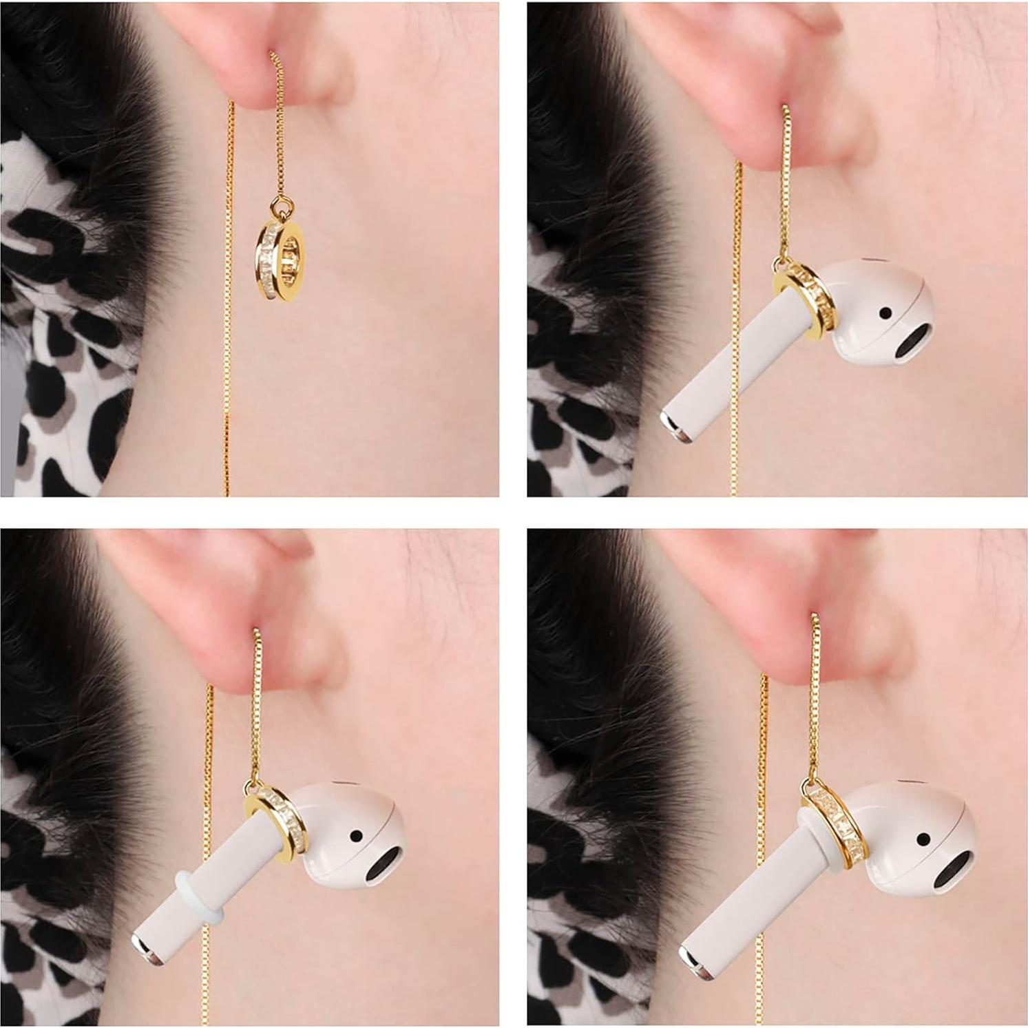 Anti-Lost Earrings Wireless Earphone Holder chain strap Compatible for Airpods pro 2 1 & Airpods 1 2 3 (Gold Zircon Round)