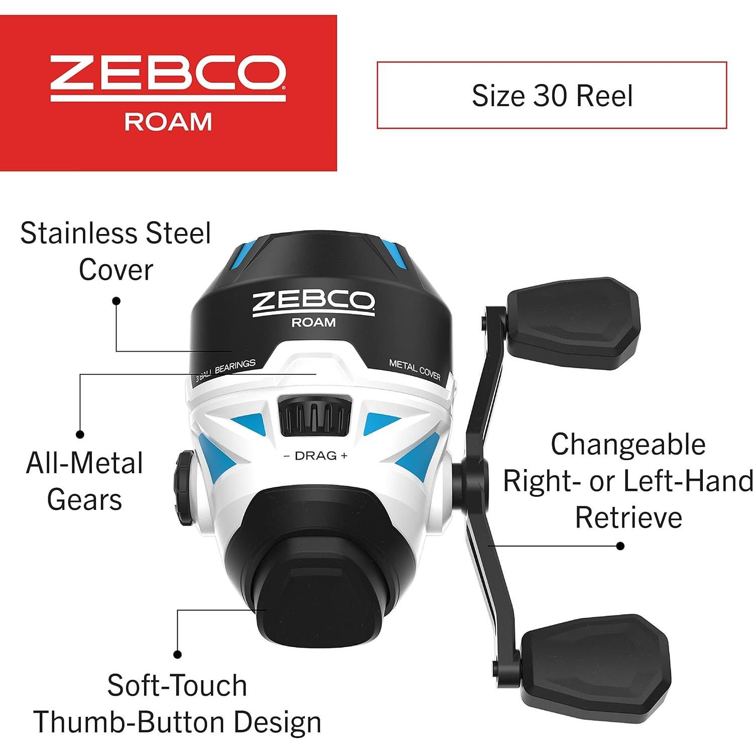 Carrete de Pesca Spincast Zebco Roam 30, 10 kg, Ambidextro