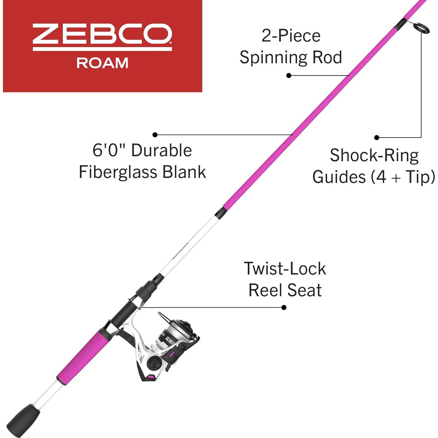 Combo de Pesca Zebco Roam 6' Rosa Carrete 20 y Caña Fibra