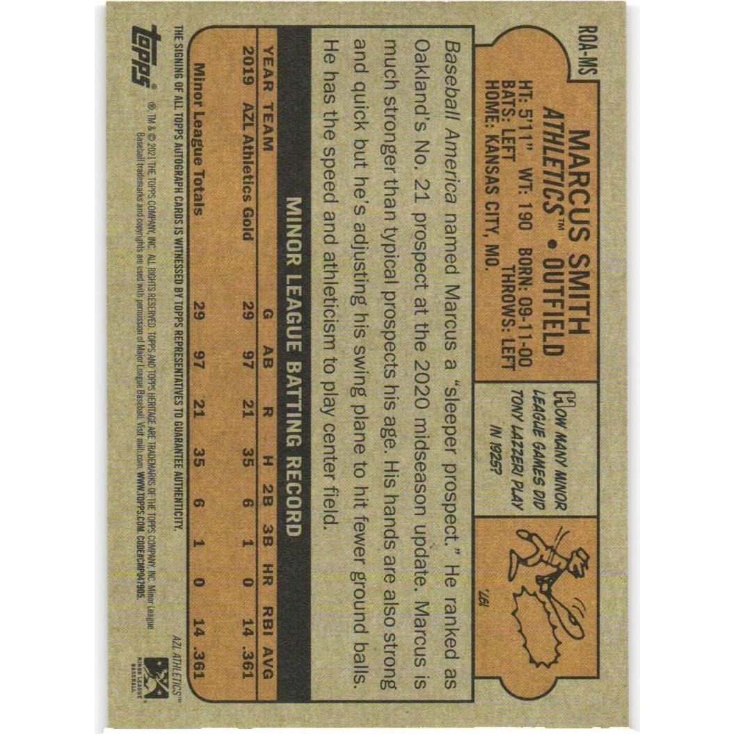 Tarjeta de béisbol autografiada Marcus Smith 2021 Topps Heritage
