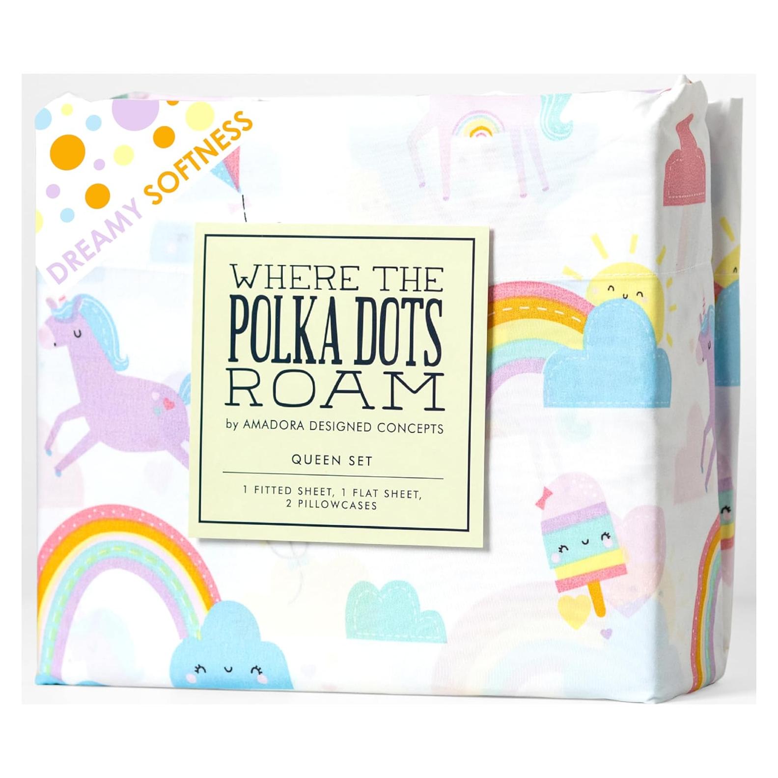 Juego de Sábanas de Cama Completa Donde los Puntos de Lunares Unicornio 4 Piezas