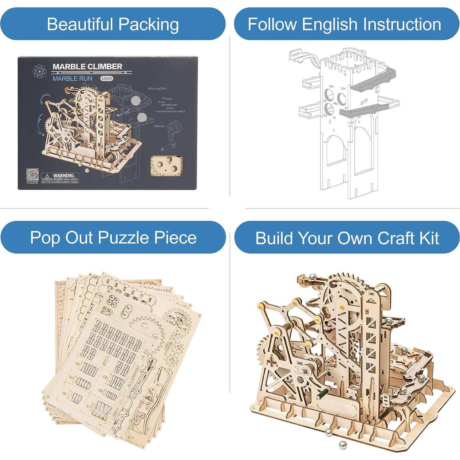 3D Wooden Marble Run Puzzle Craft Toy, Gift for Adults & Age 14+, DIY Model Building Kits - Tower Coaster(Marble Climber)