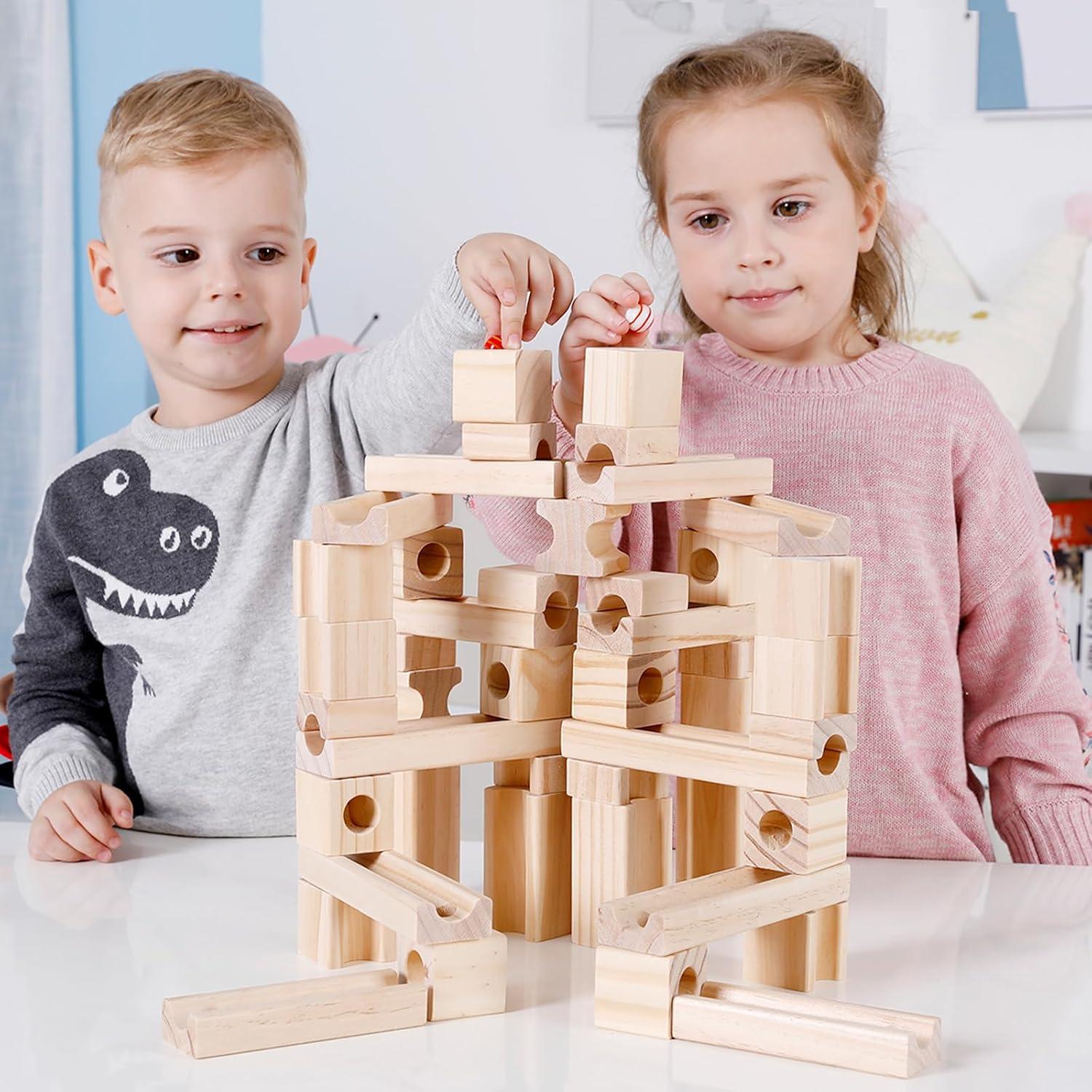 Wooden Marble Run for Kids Ages 4-8 – 80 Pieces Marble Rush Track Maze Construction Toy, STEM Building Blocks, Educational Gift for Boys & Girls