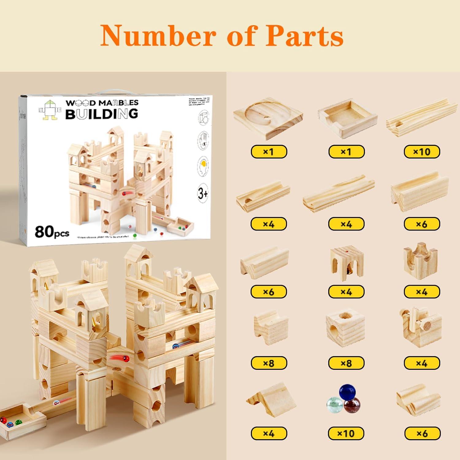 Wooden Marble Run for Kids Ages 4-8 – 80 Pieces Marble Rush Track Maze Construction Toy, STEM Building Blocks, Educational Gift for Boys & Girls