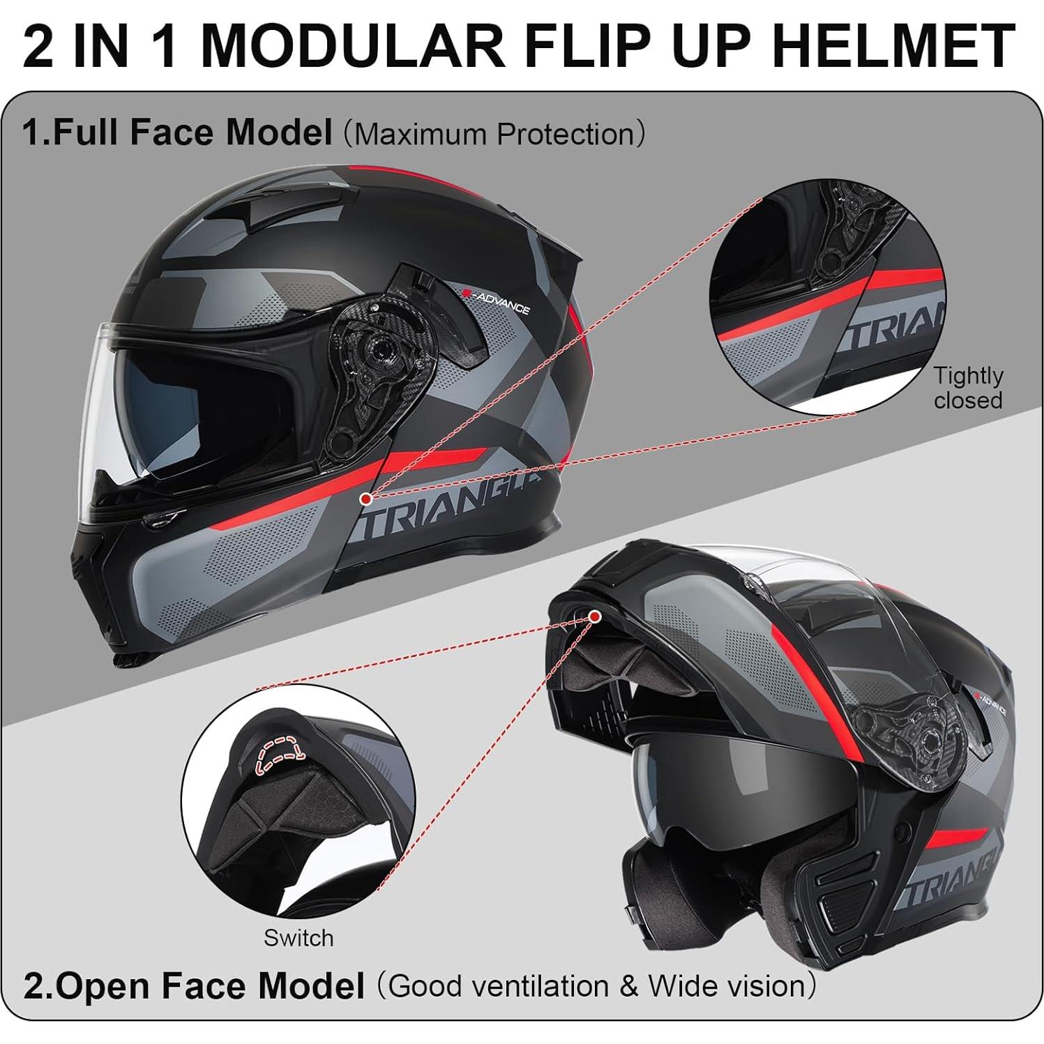 Casco Modular TRIANGLE AH121 para Motocicleta Unisex Negro Rojo