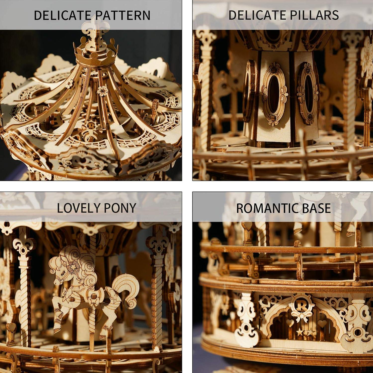 Rompecabezas 3D ROKR Carrusel Musical de Madera 5 Caballos