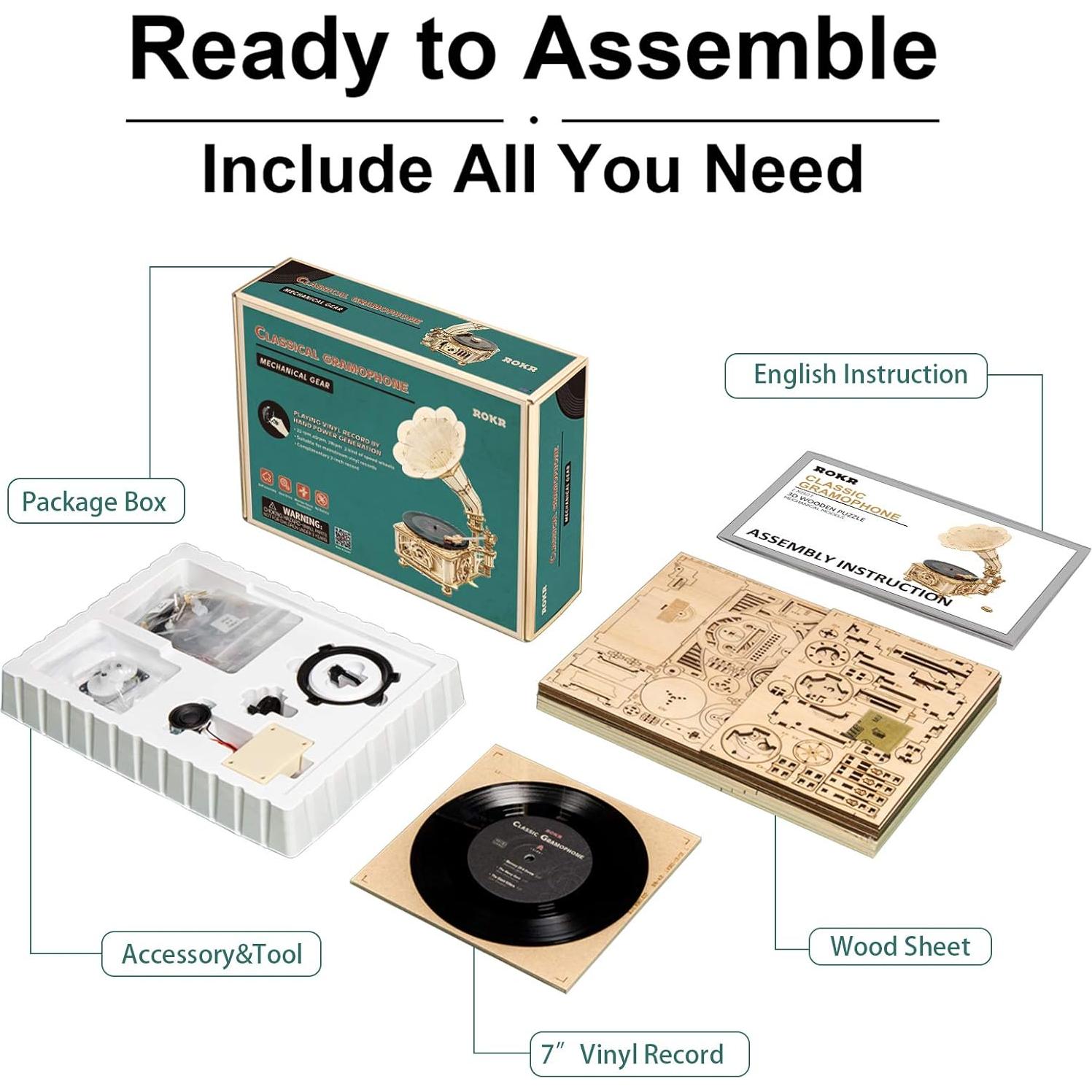 Rompecabezas 3D ROKR Gramófono Mecánico 1:1 para Adultos