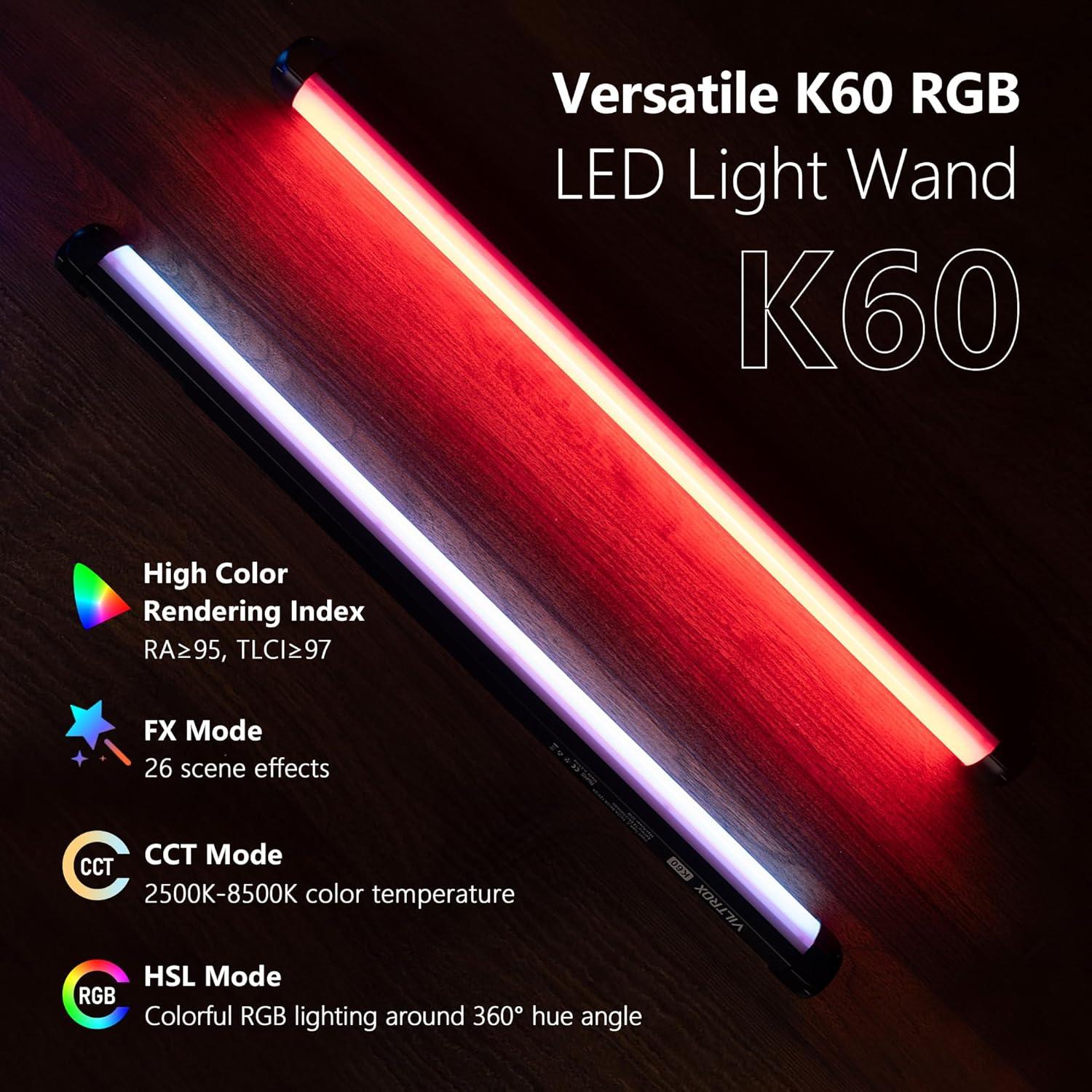 VILTROX K60 2 Pack Varitas de Luz RGB LED Portátiles 2500K-8500K