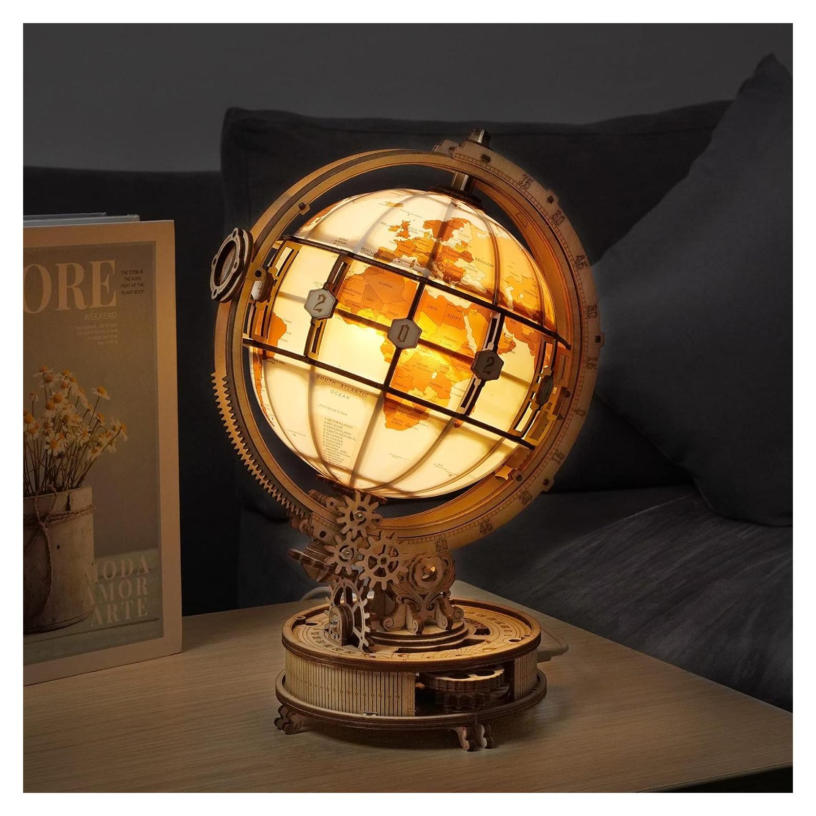 3D Wooden Puzzles for Adults, LED Illuminated Globe with Stand, 3D Wooden Globe Model Kits with LED Light, Unique Gift for Birthday/Anniversay